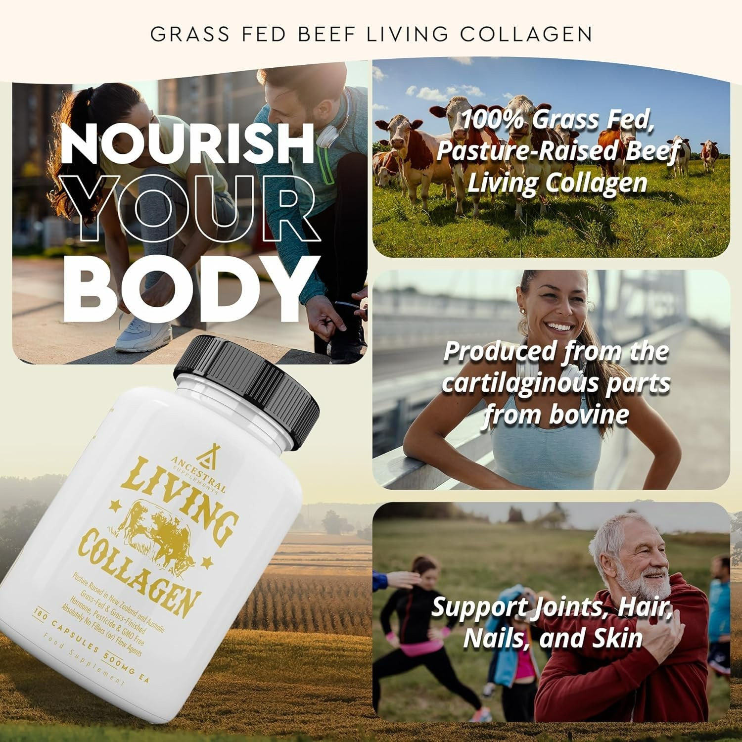 Ancestral Supplements Living Collagen 3000mg 180 Capsules | Skin, Hair, Joints