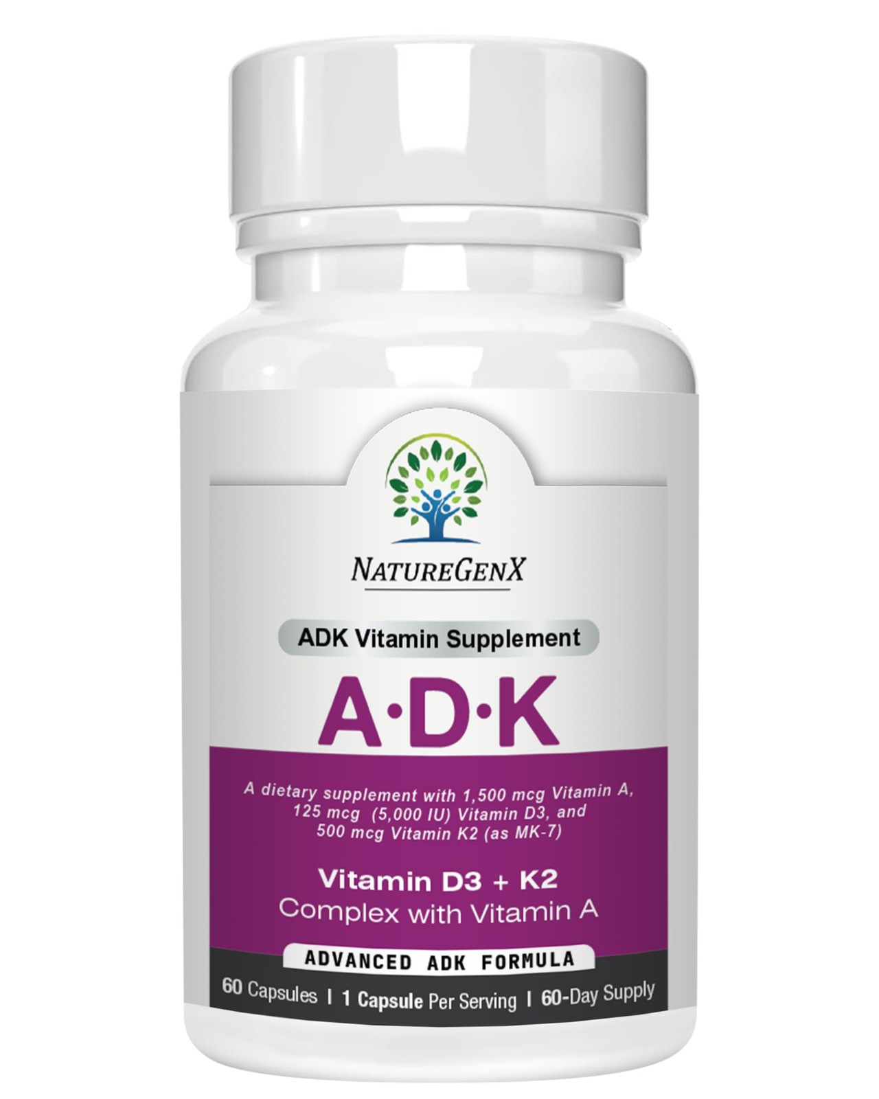 NatureGenX ADK Vitamin Supplement – Vitamins A, D3 60 Count (Pack of 1), None