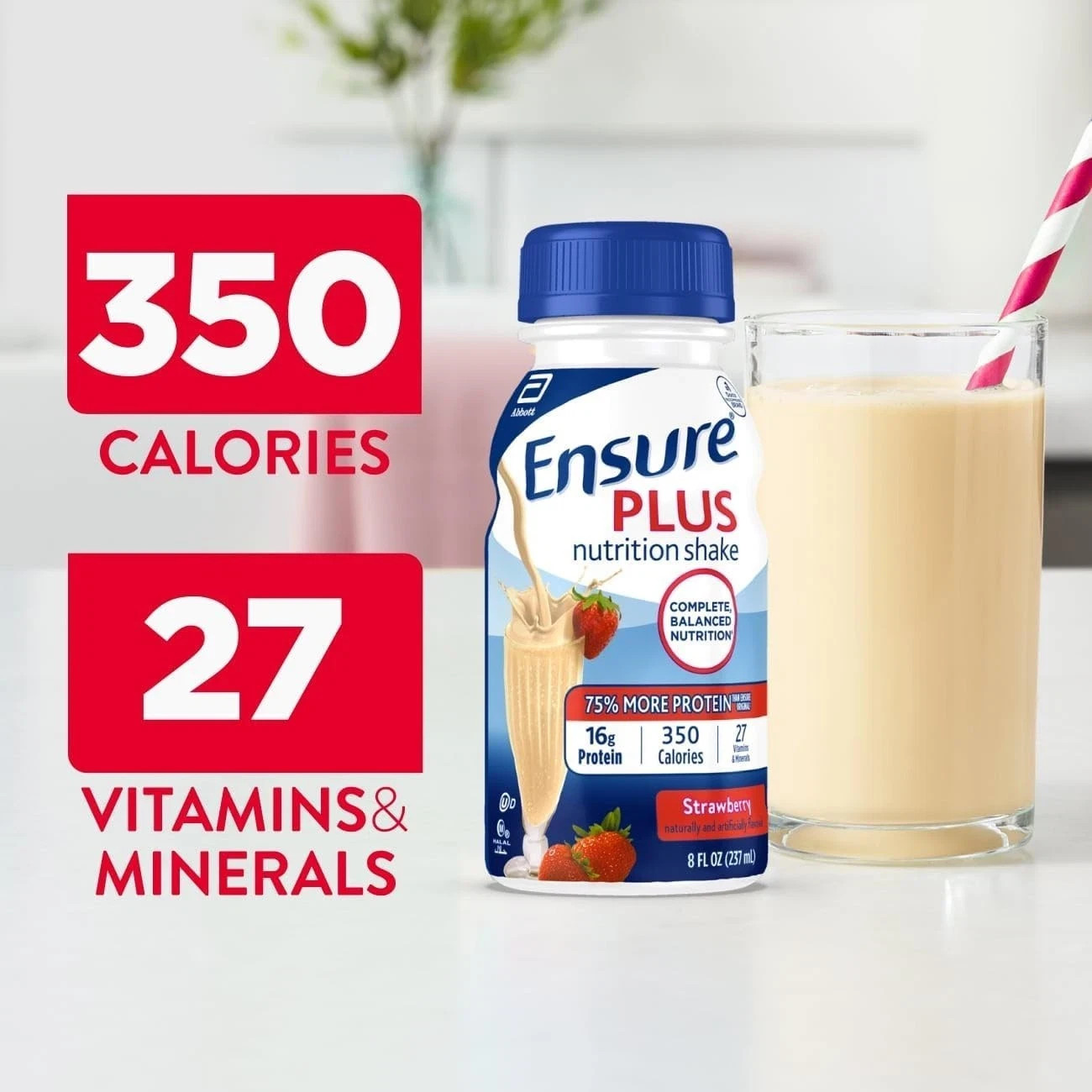 Ensure Plus Strawberry Nutrition Shake Meal Replacement Shake 8 fl oz – 24 Pack