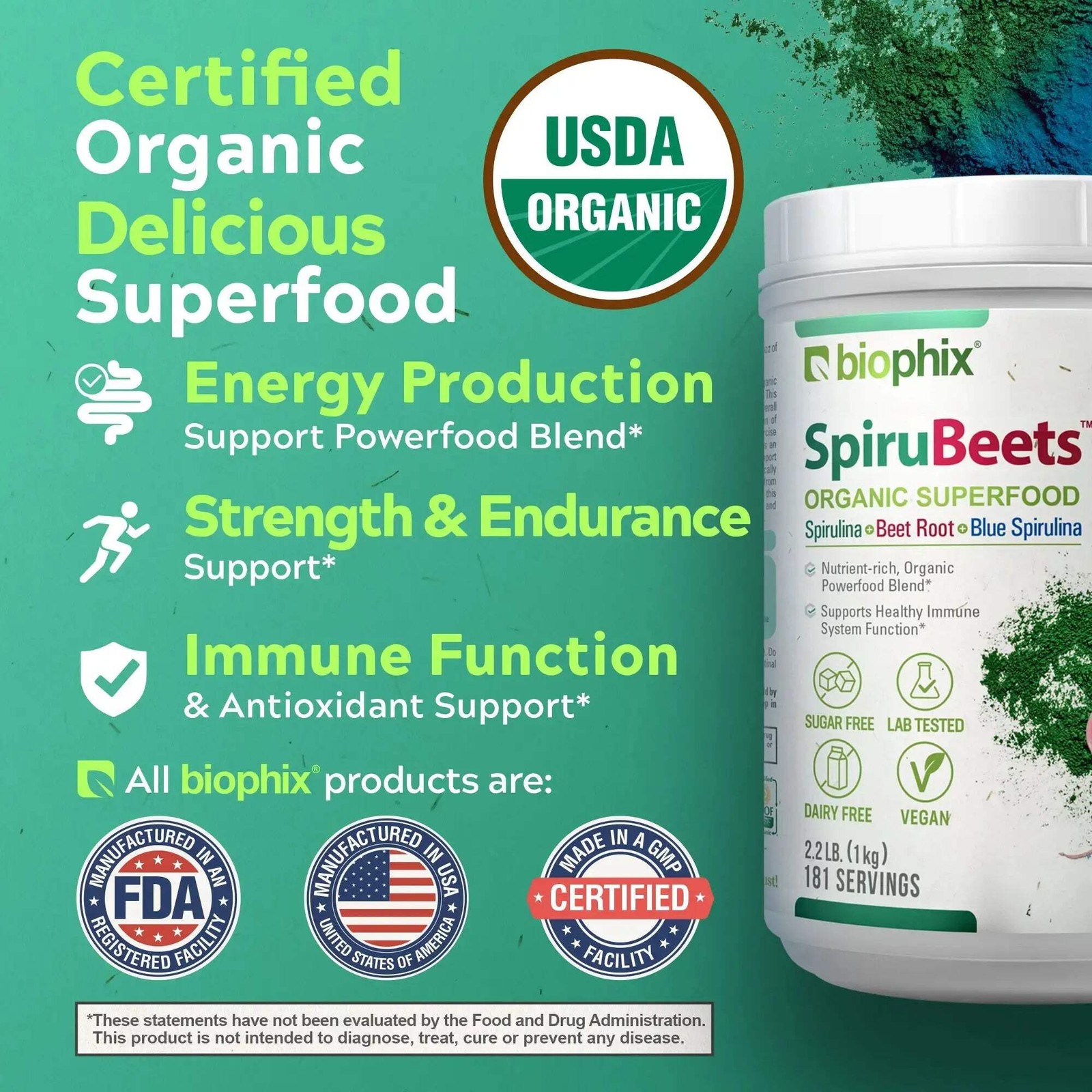 biophix Spirubeets Organic Spirulina Beet Root Powder 2.2 lb 1 kg