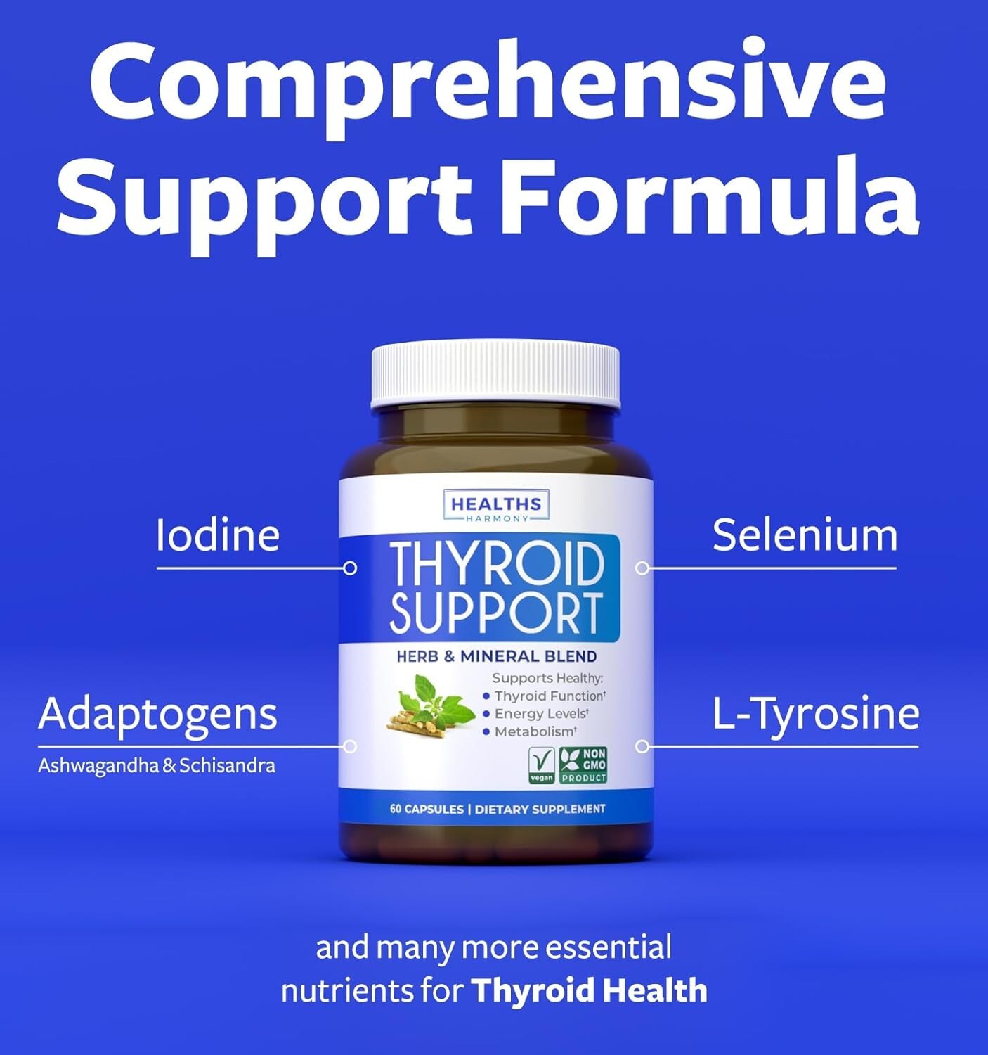 Thyroid Support with Iodine (Non-GMO) Improve Your Energy & Mood Metabolism 60ct