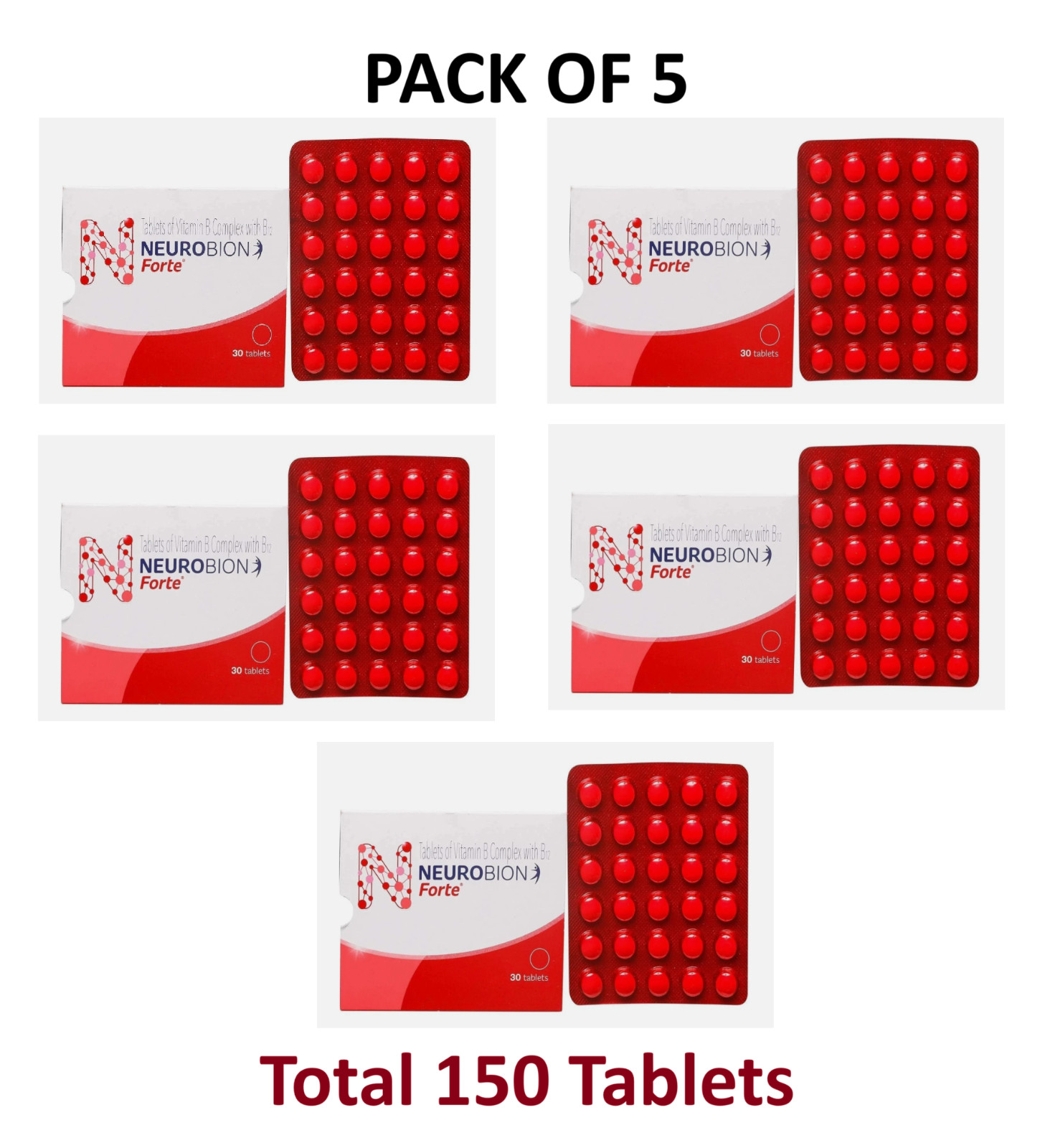 Neurobion Forte 30 Tablets each (Pack of 5) | B-Complex Supplement Long Expiry