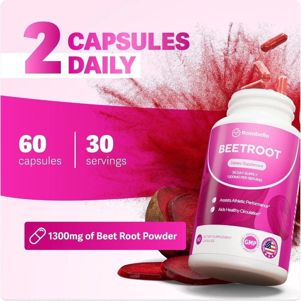 Rosabella Beetroot 1300mg Dietary Supplement Capsules 60ct Athletic Performance