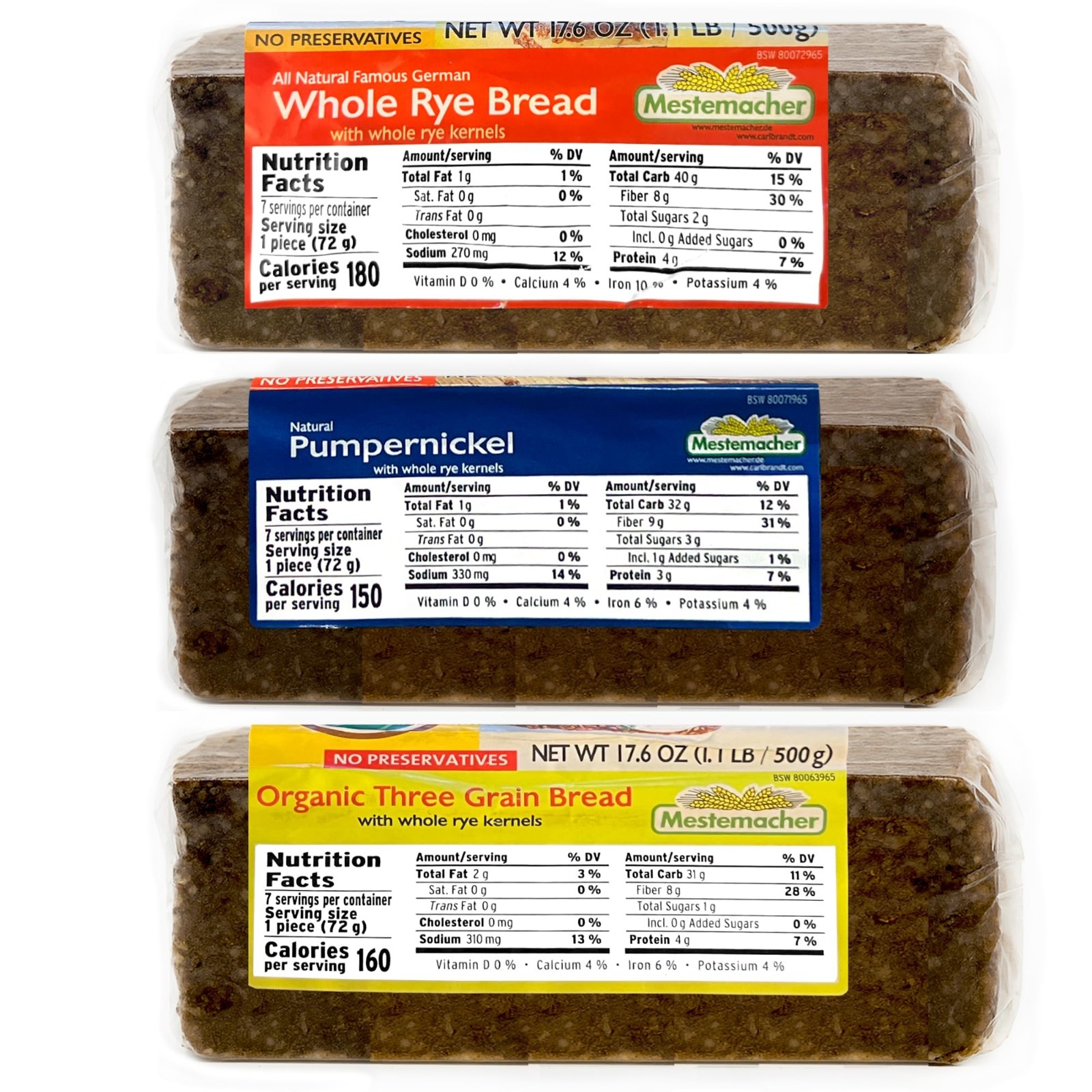 High Fiber Bread Variety Pack – Organic Three Grain, Pumpernickel & Whole Rye, 3