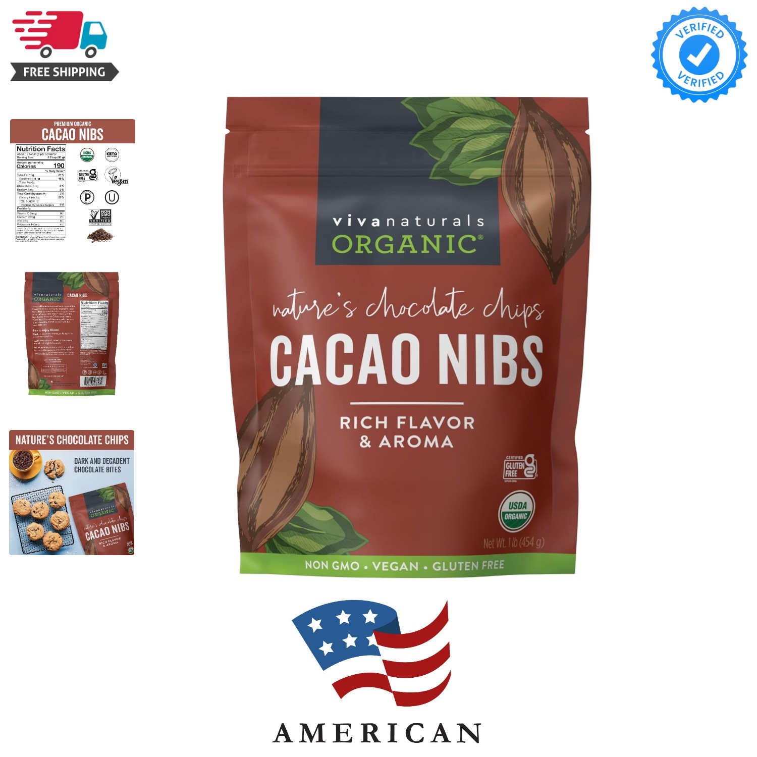 Organic Cacao Nibs, Unsweetened, 1 LB 454 g, Keto Friendly, , Non-GMO, Gluten…