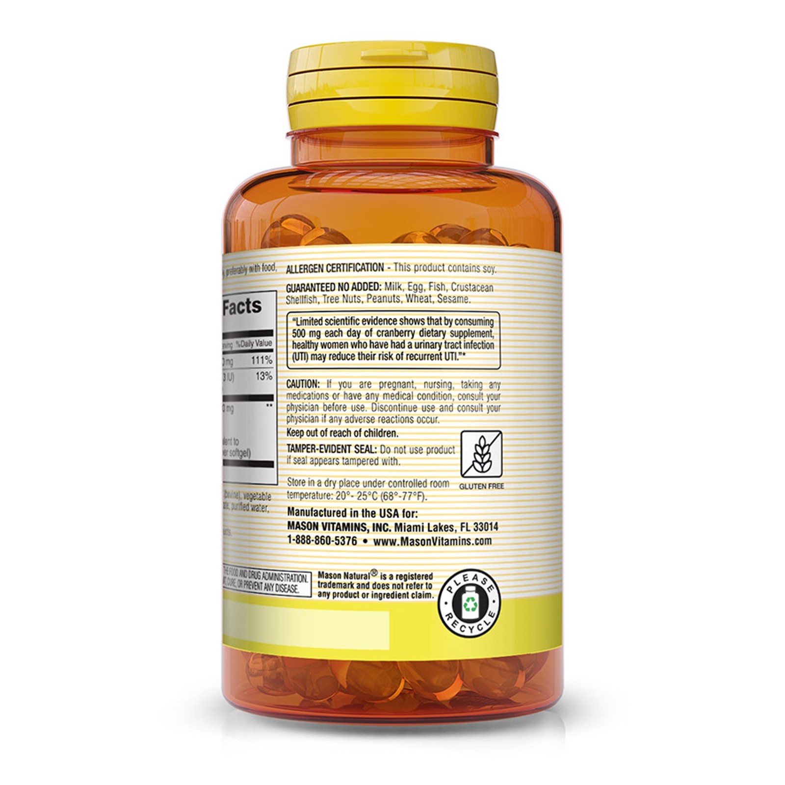 Mason Natural Cranberry Concentrate, Supports Urinary Tract Health, 90Softgels