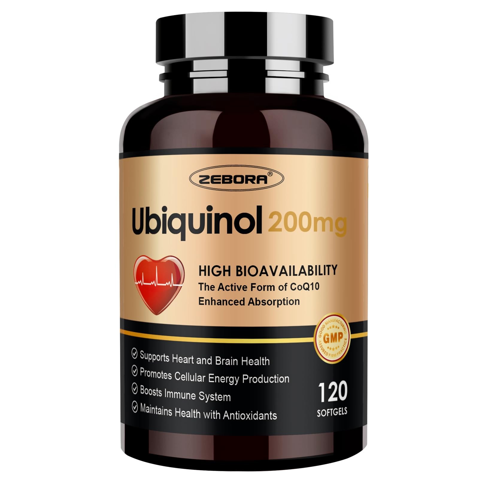 ZEBORA Ubiquinol CoQ10 200mg Softgels, 4-in-1 Powerful 120 Count (Pack of 1)