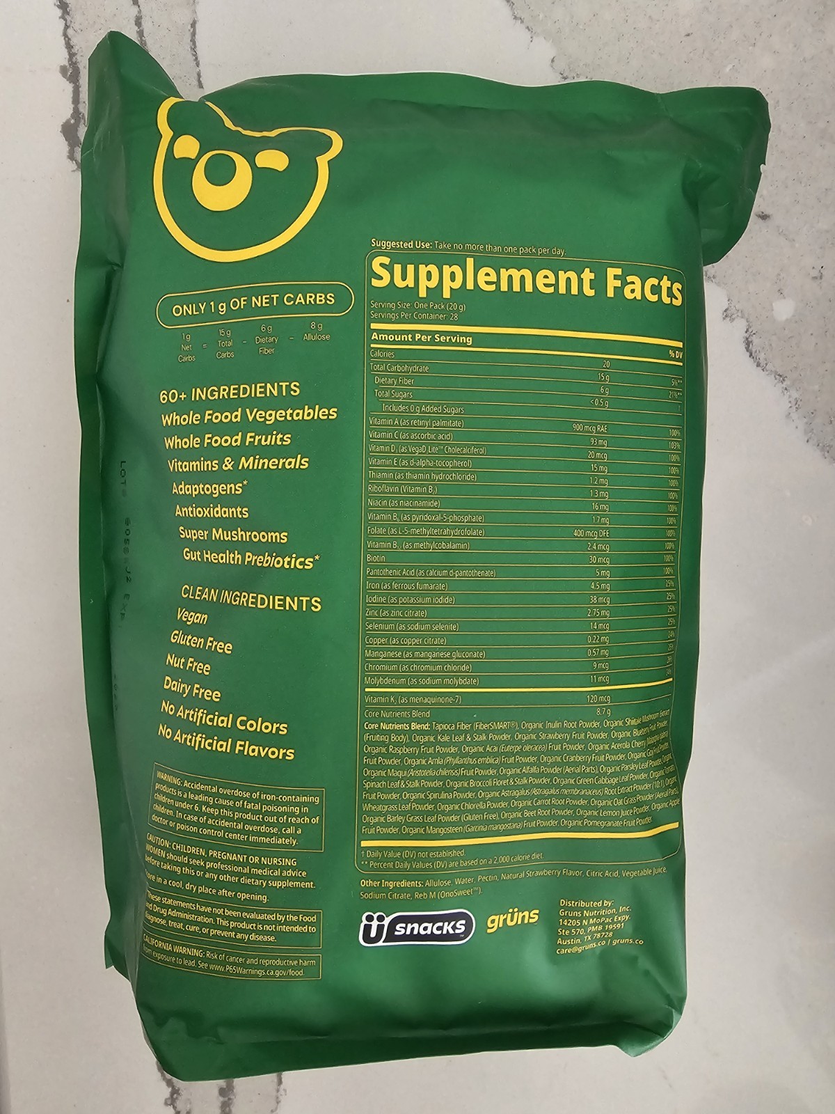 Gruns Adults Super Greens Gummies, Superfood Gummy Bears