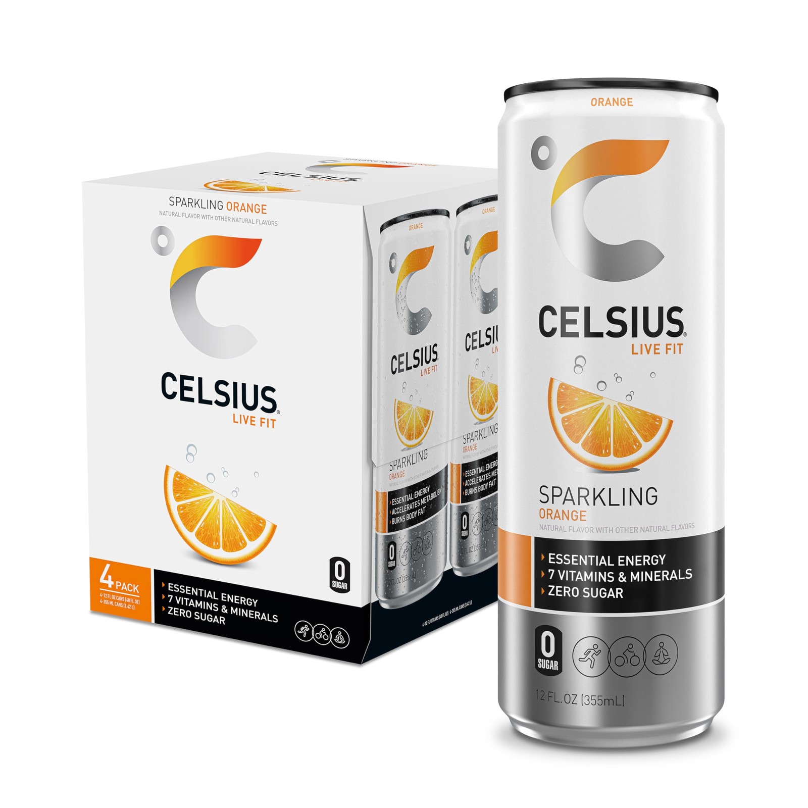 CELSIUS Sparkling Orange, Sugar Free Energy Drink, 12 Fl Oz Pack of 4
