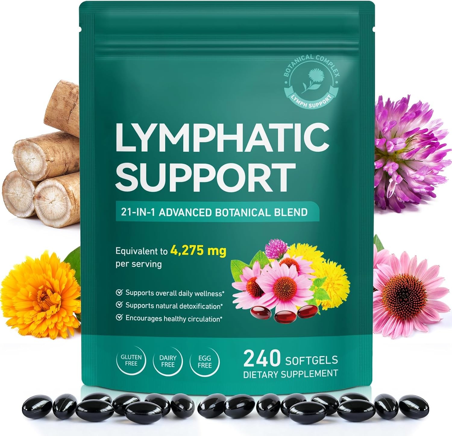 Lymphatic Drainage Supplements-4275mg Echinacea, Dandelion, Burdock Root|21-In-1