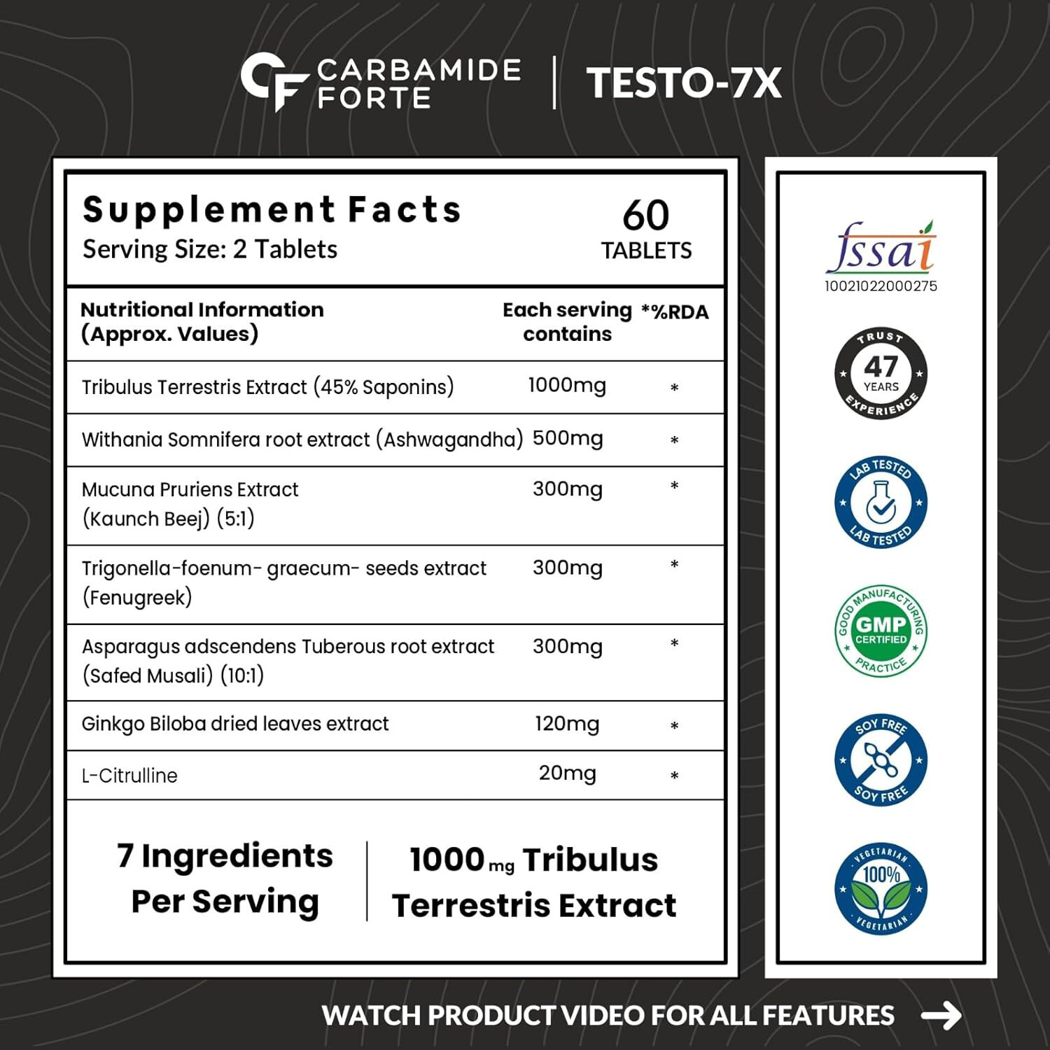 Carbamide Forte Testo-7X (Tribulus Terrestris) for Stamina & Strength (60 Tabs)