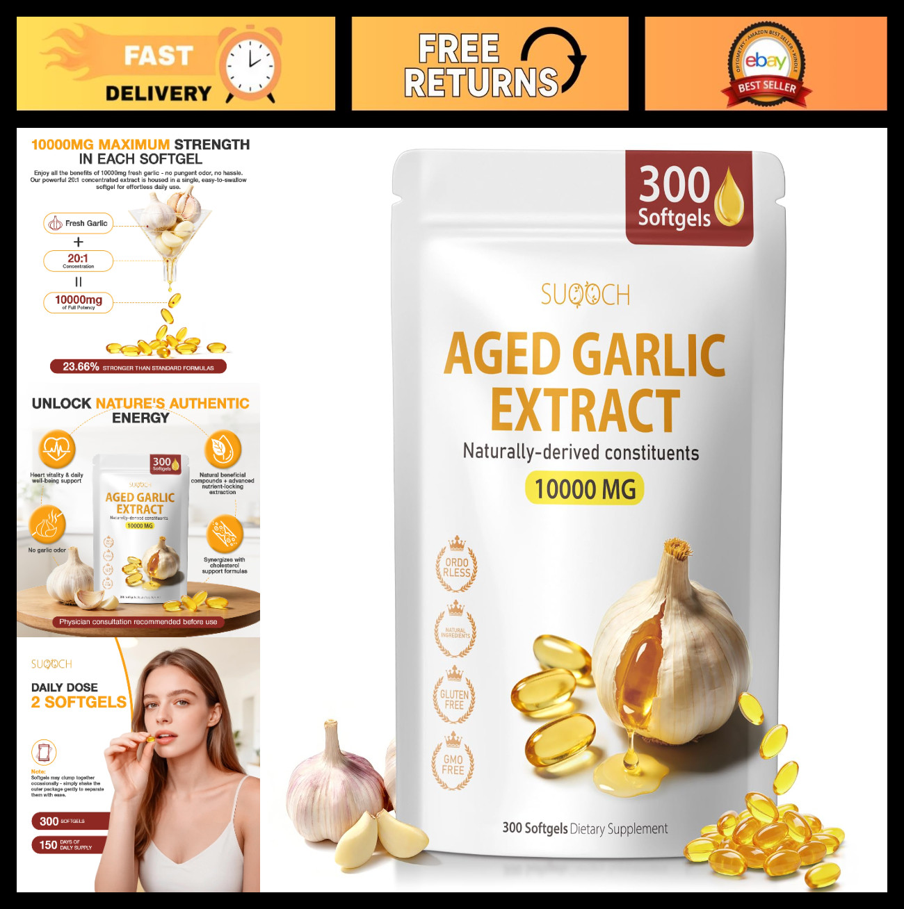 Aged Garlic Extract Softgels – 300 Count Non-GMO Supplements for Heart Health &