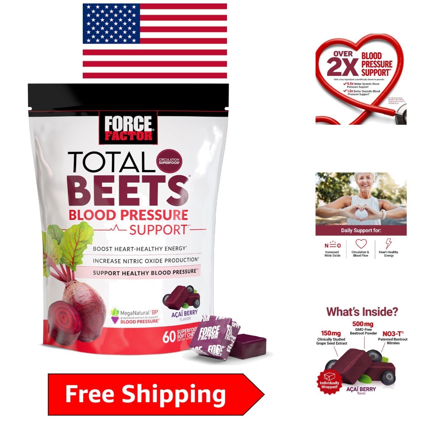 Total Beets Blood Pressure Support Chews – Delicious Acai Berry Flavor, 60 Count