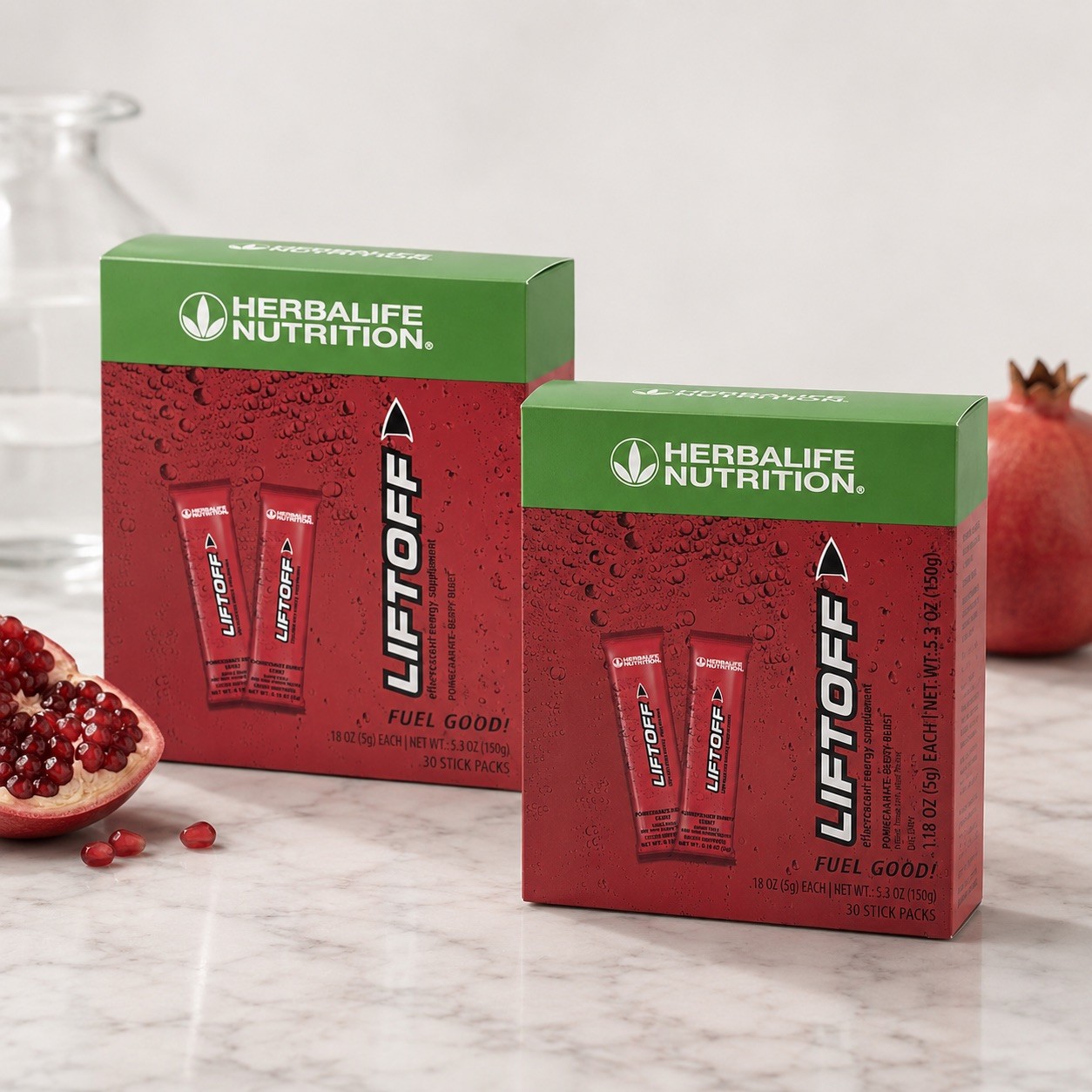 2 Boxes Liftoff POMEGRANATE-BERRY BURST Energy Supplement Stick Packs 30 Each