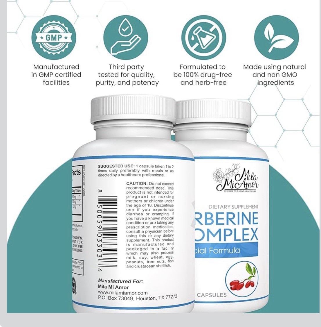 Mila Mi Amor Berberine Complex 500mg Non-GMO 60 Vegetable Capsules