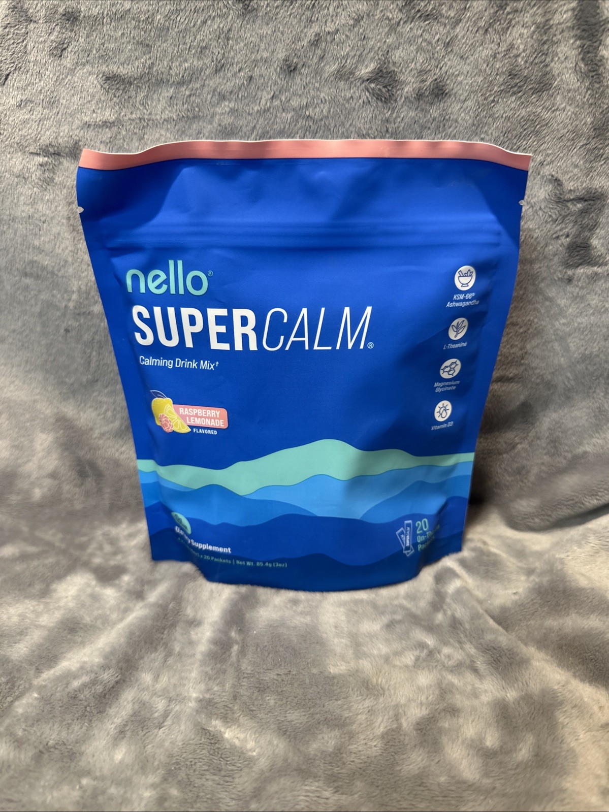 20 Packets NELLO SUPER CALM Calming Drink Mix Raspberry Lemonade Powder 3.2oz