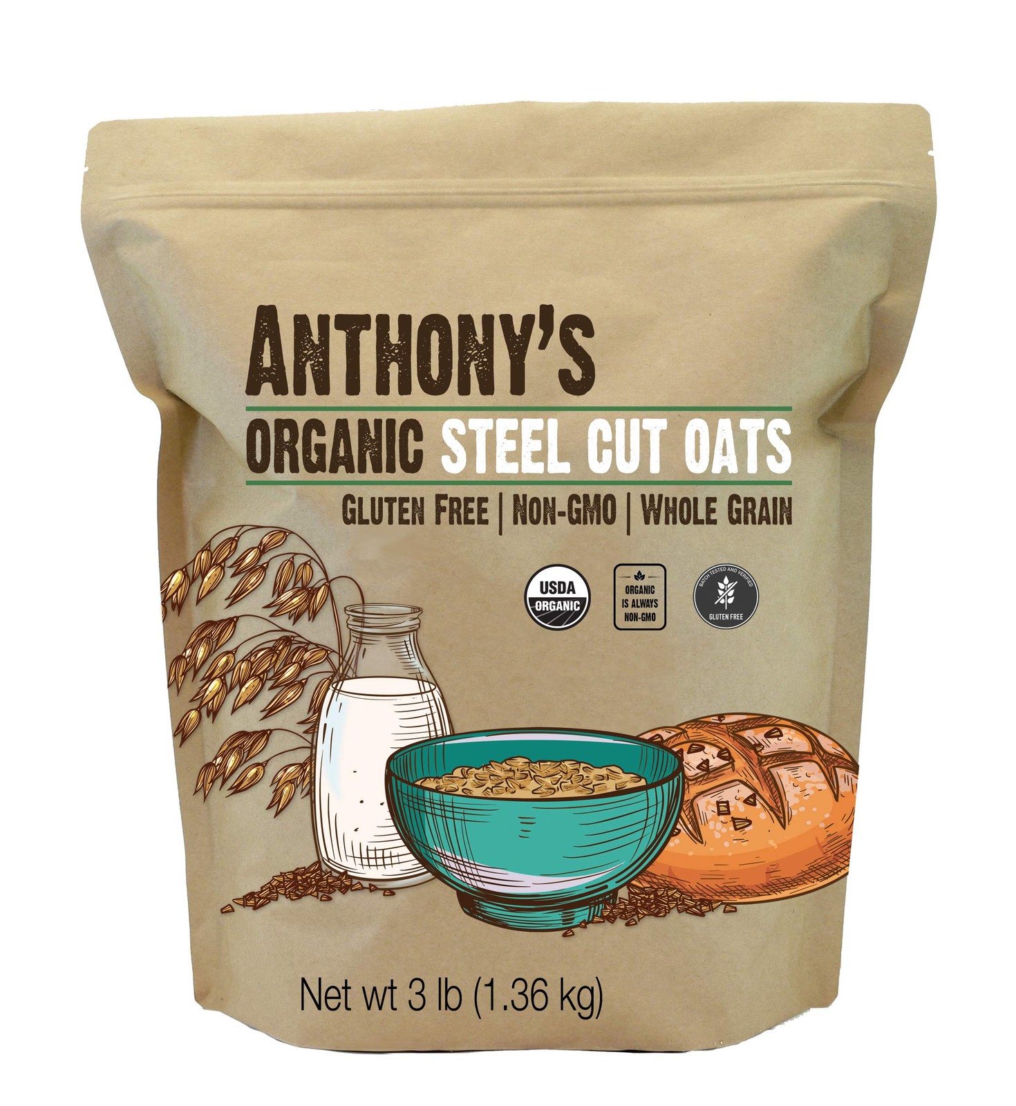 Anthony’s Organic Steel Cut Oats, 3 lb, Gluten Free, Non 48 Ounce (Pack of 1)
