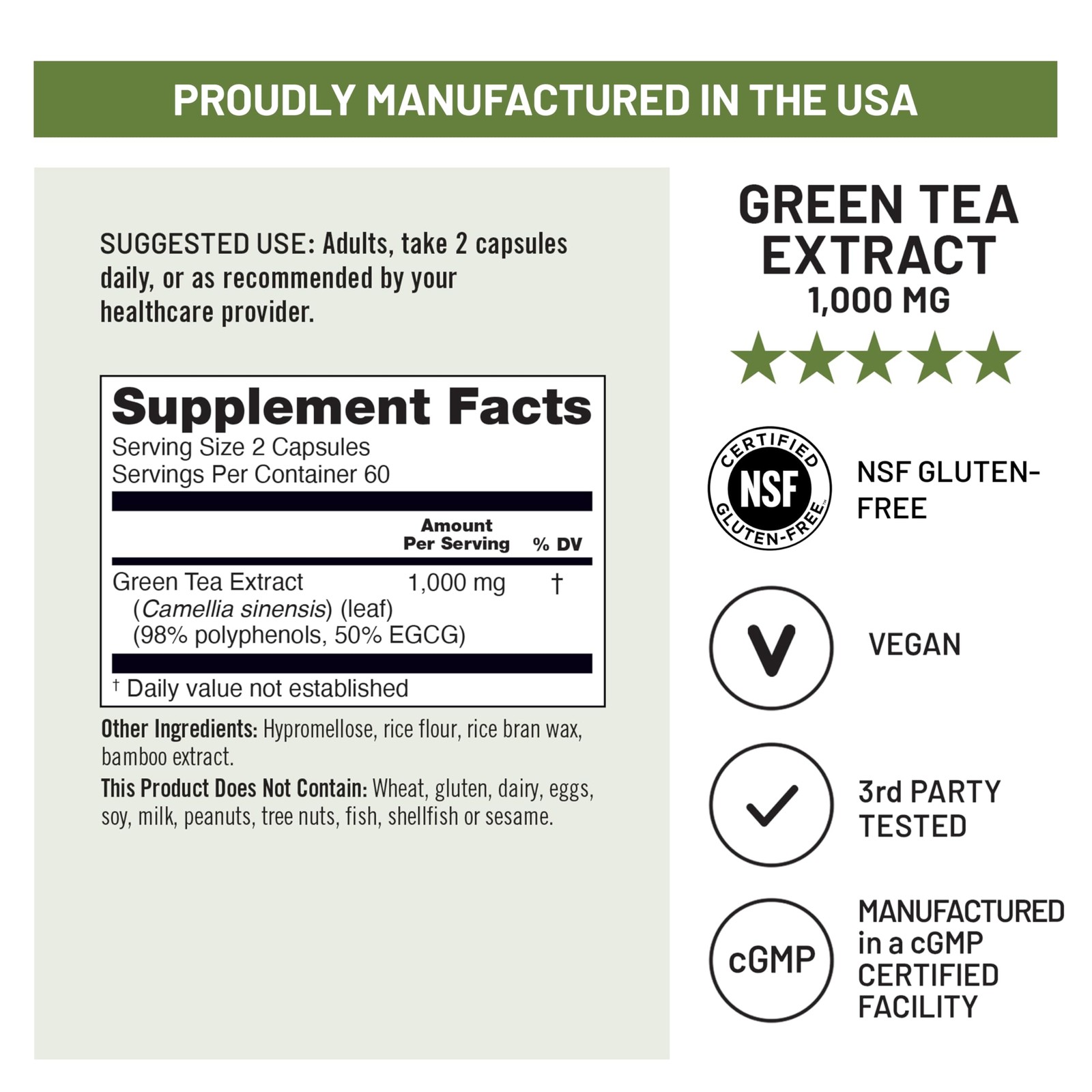 Green Tea Extract Capsules 1000 mg – 50% EGCG & 98% Polyphenols – Extra Stren…