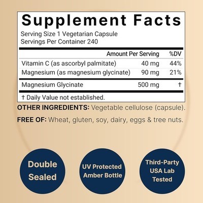 Naturebell Pure Magnesium Glycinate 500mg, 240 Veggie Capsules | 100% Chelated &