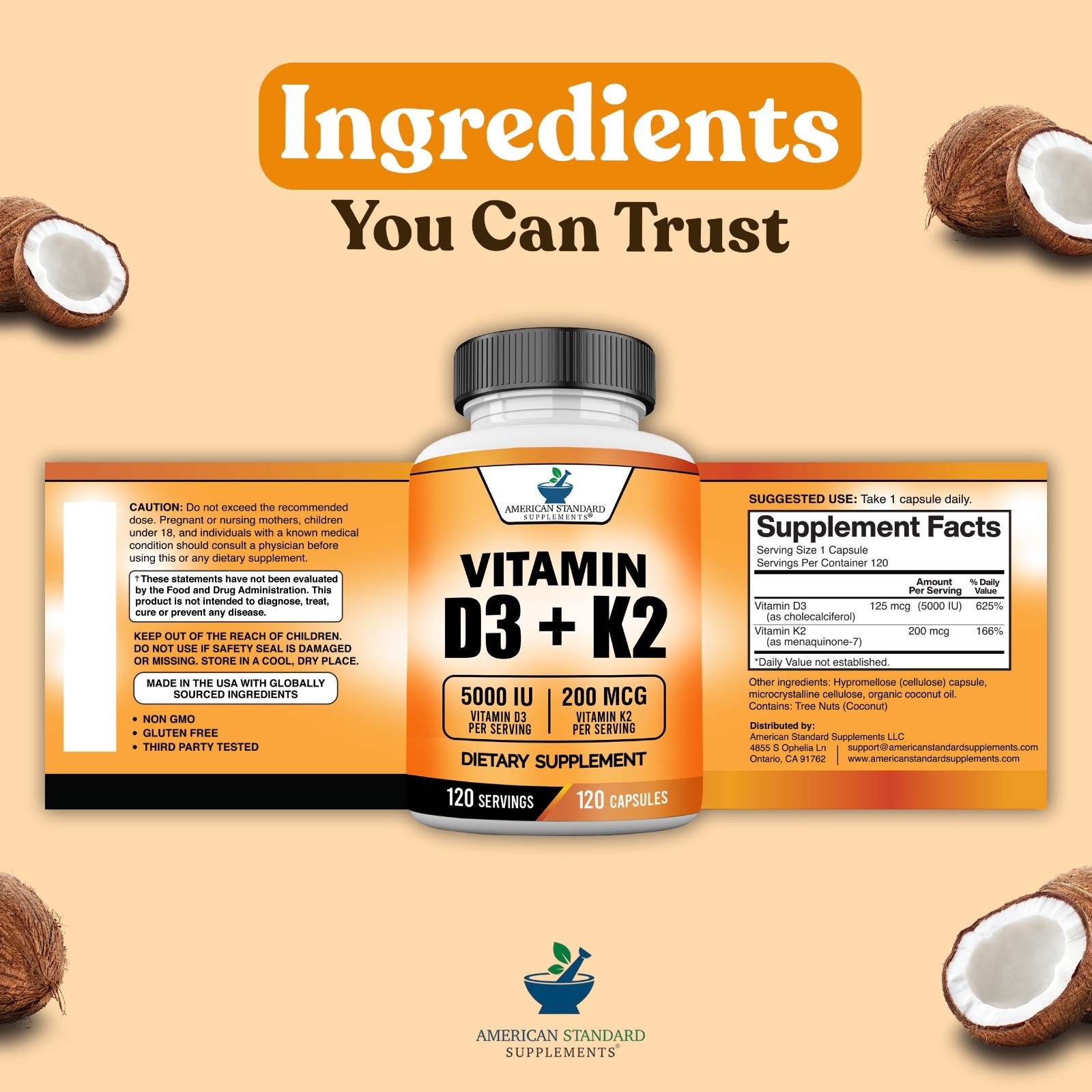 Vitamin D3 5000IU plus Vitamin K2 as MK-7 200mcg , 120 Veggie Caps, 120 Servings