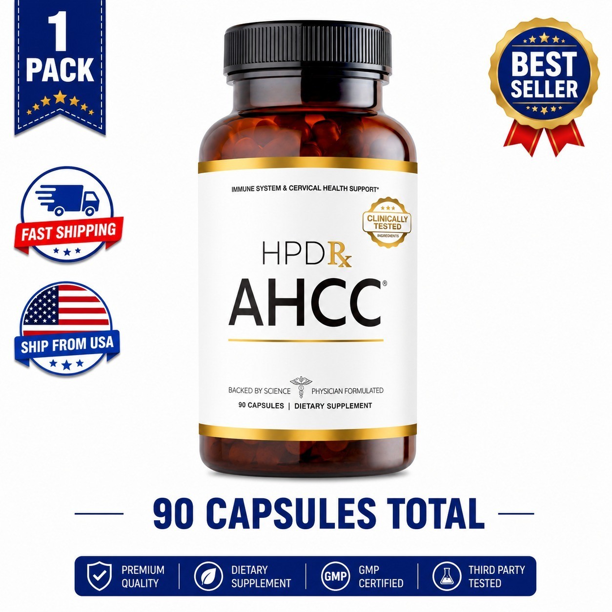 HPD Rx AHCC 90 Caps Immune Support Shiitake Mushroom 1100mg Extract Supplement