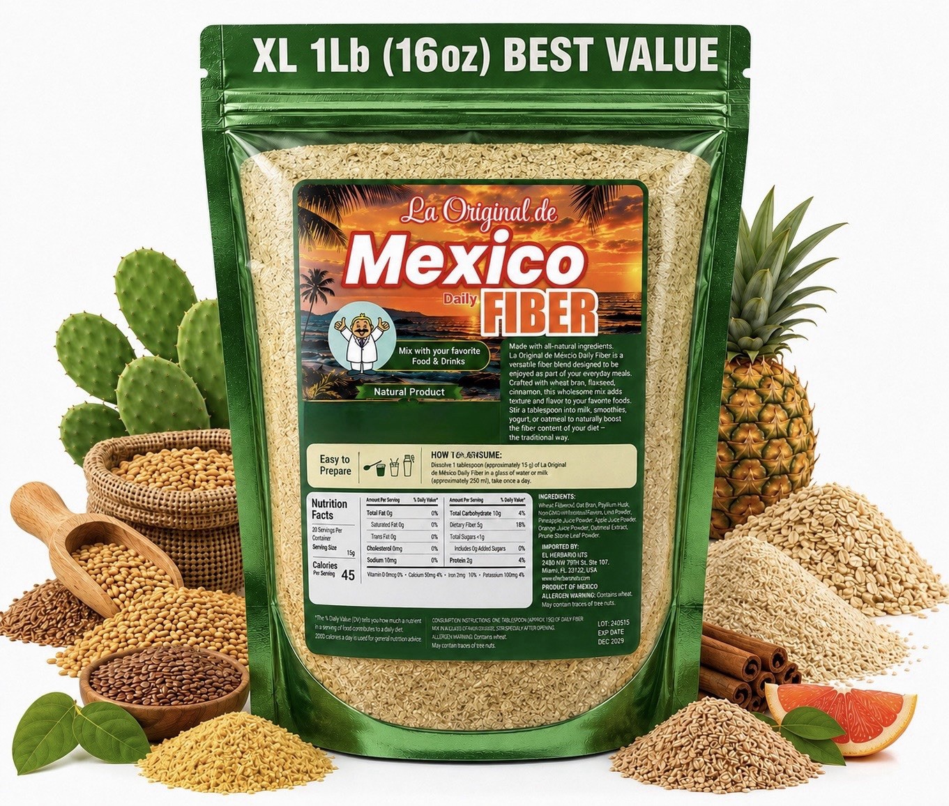 1LB La Original Fibra de Mexico Daily Fiber All-Natural Fiber Blend Wheat Bran