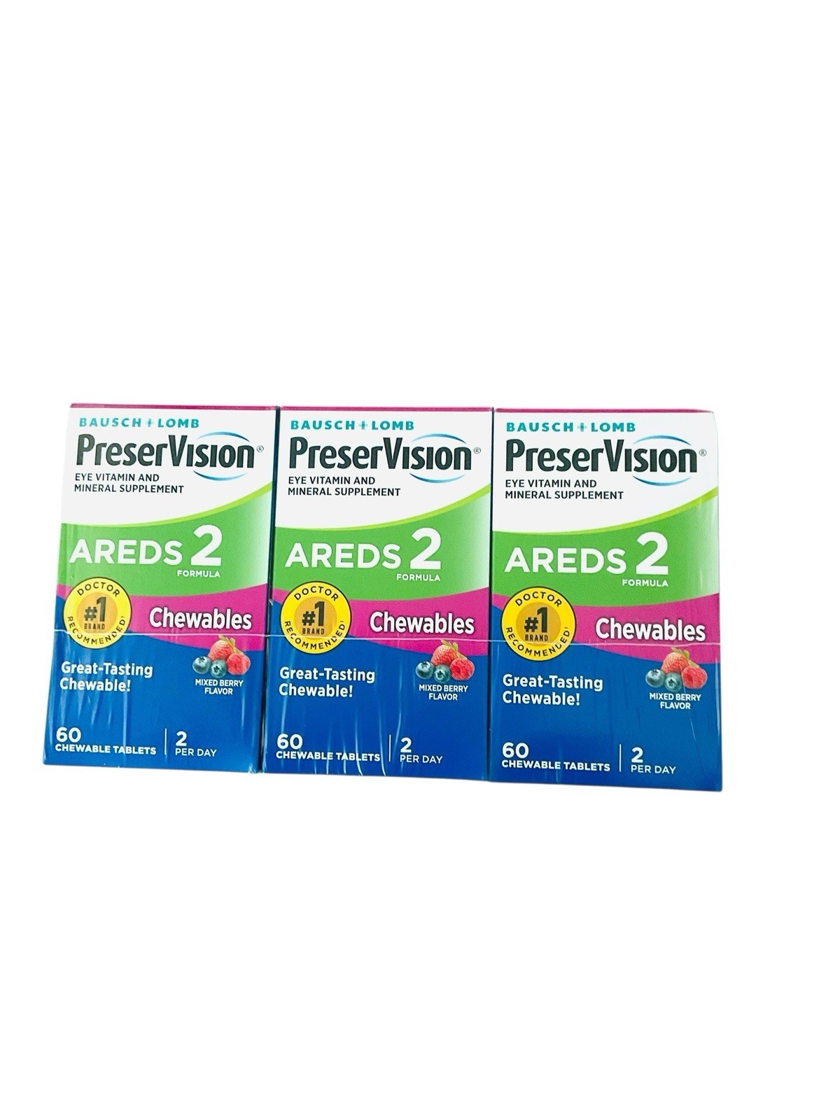 3 PACK Bausch + Lomb PreserVision Areds 2 Chewables Mixed Berry 60 Tabs exp 6/27