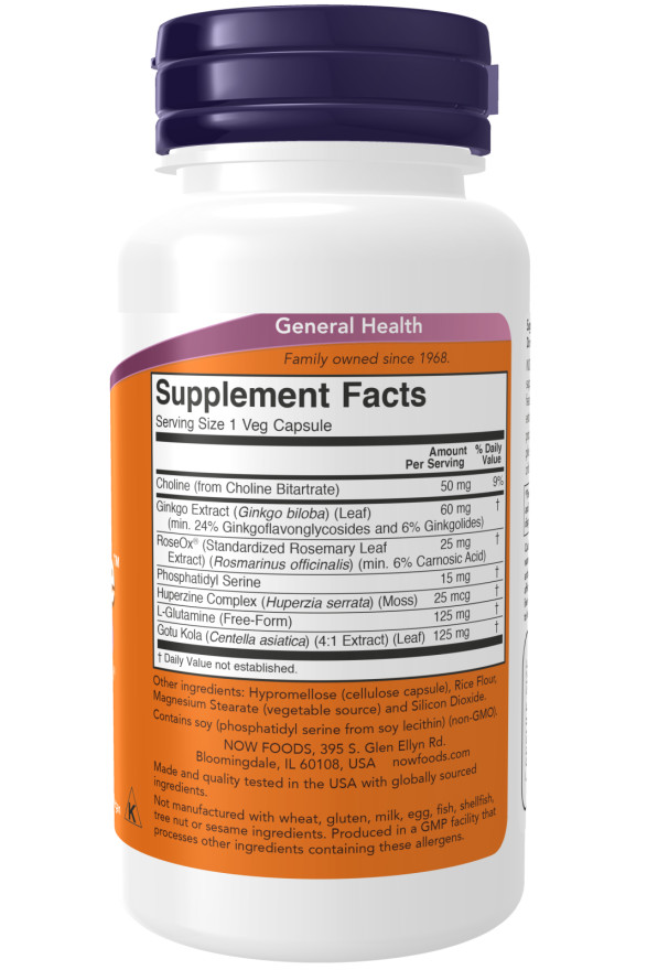 NOW Foods Brain Elevate 60 Cap Ginkgo Biloba RoseOx Phosphatidyl Serine 6/25EXP