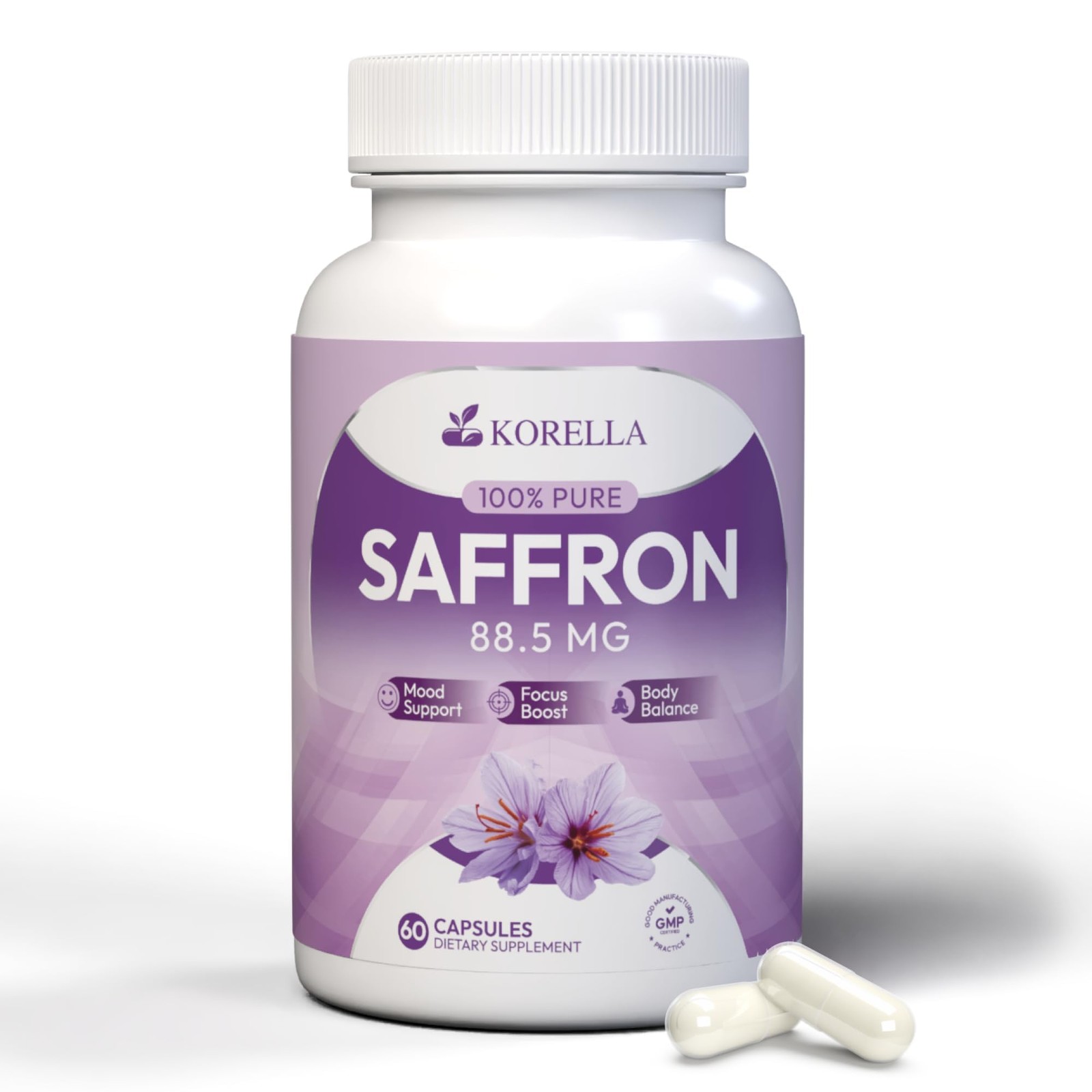 KORELLA Saffron Supplement 88.5 mg Pure Saffron Extract Capsules 60 Count