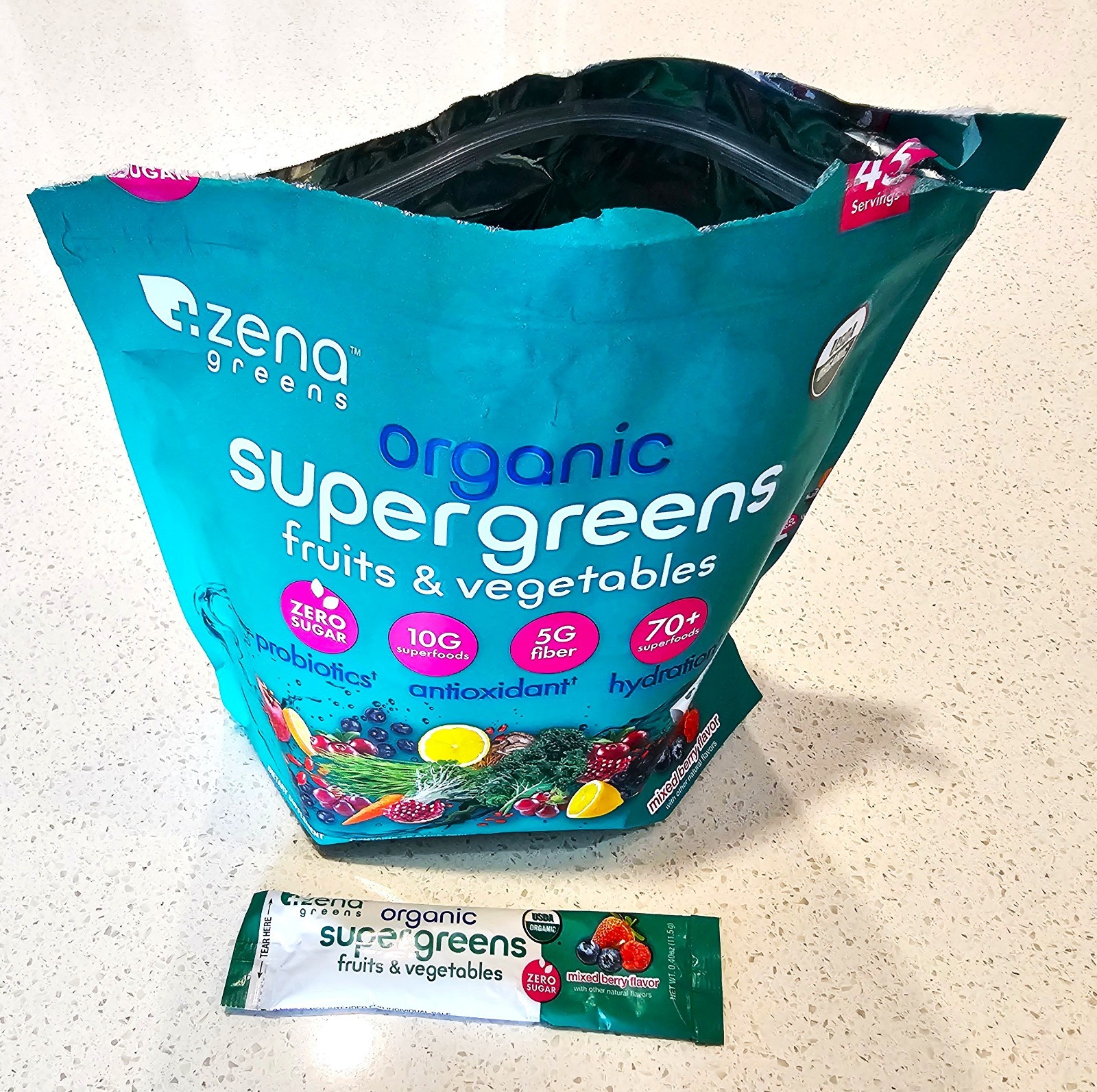 Zena Organic Super Greens Fruit & Vegatables Powder 32 Sealed Packets Open Box