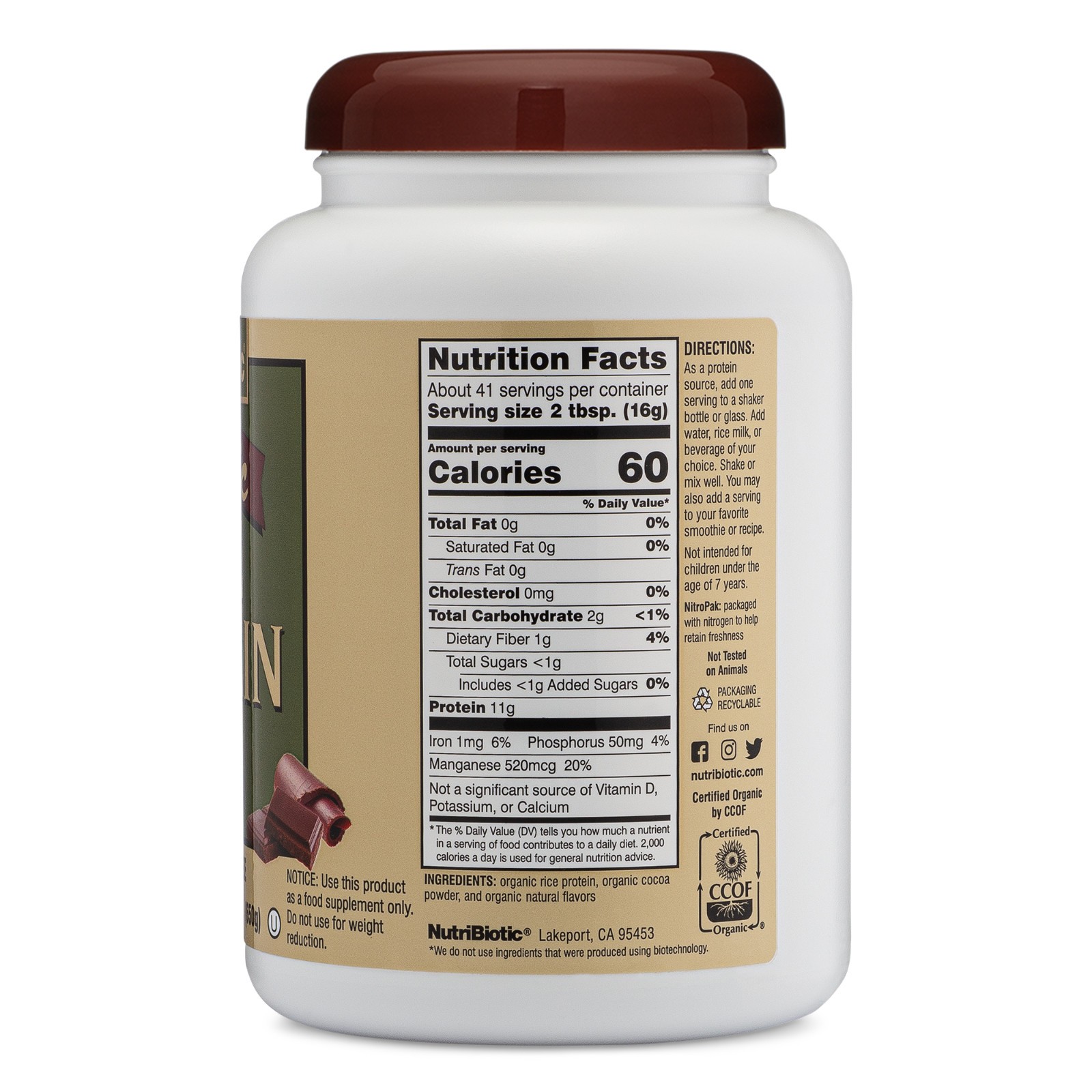 NutriBiotic Organic Rice Protein, Chocolate 22.93 Oz (1 Lb 6.93 Oz)