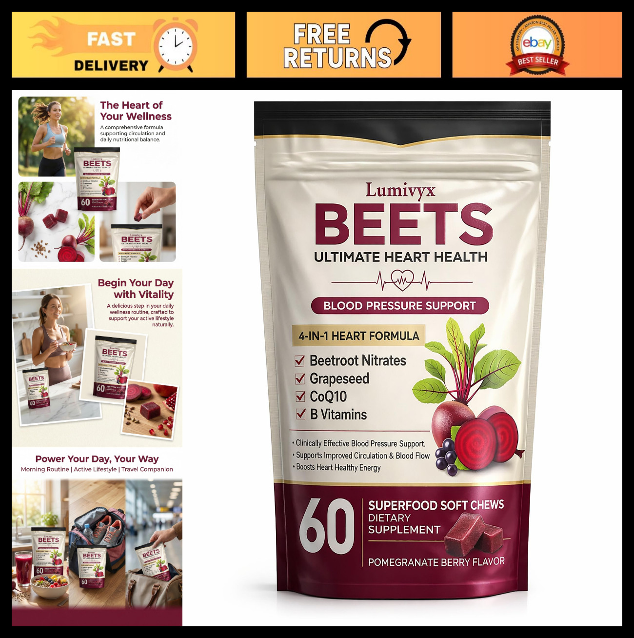 Beet Chews with Grape Seed Extract & CoQ10 – Nitric Oxide Support, Energy Boost,