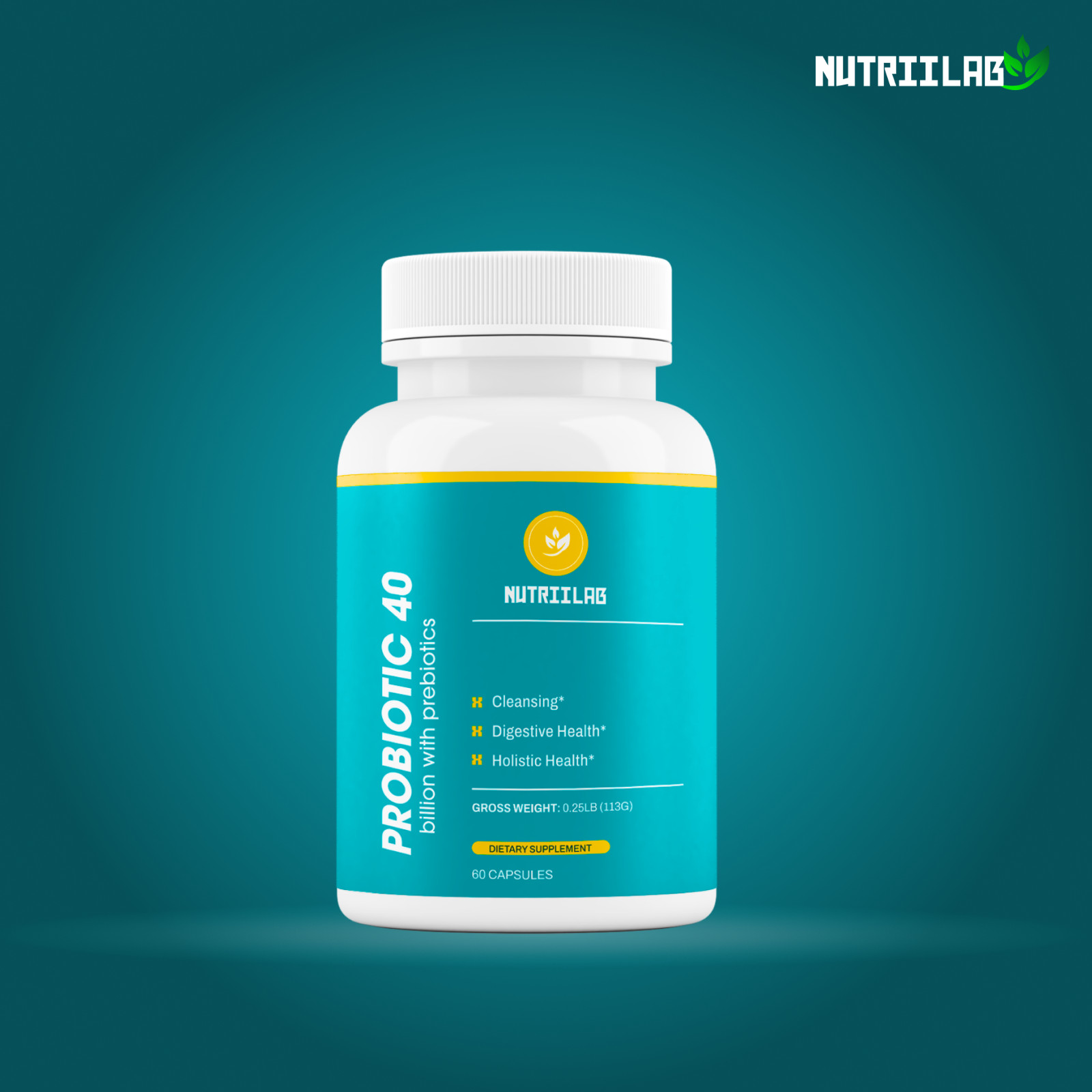 NutriiLab Probiotic Prebiotic 40 Billion CFU Gut Health Digestive 60 Day Supply