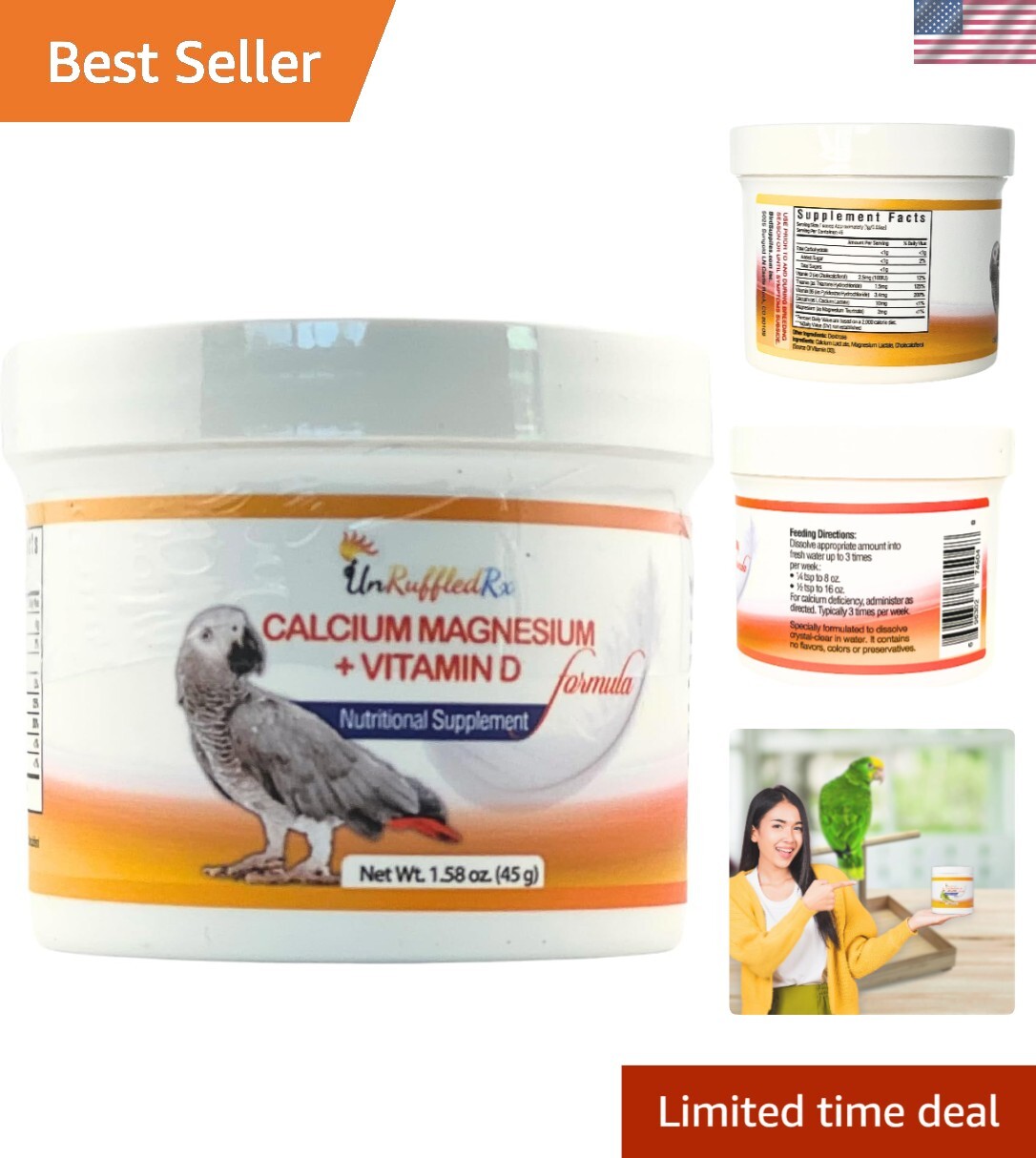 Tasteless Calcium Supplement for Birds – Supports Muscle & Bone Health 0.59 oz
