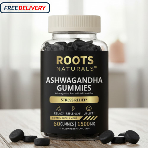 Roots Naturals Ashwagandha Gummies – Stress Relief with Vitamin D2 & Zinc