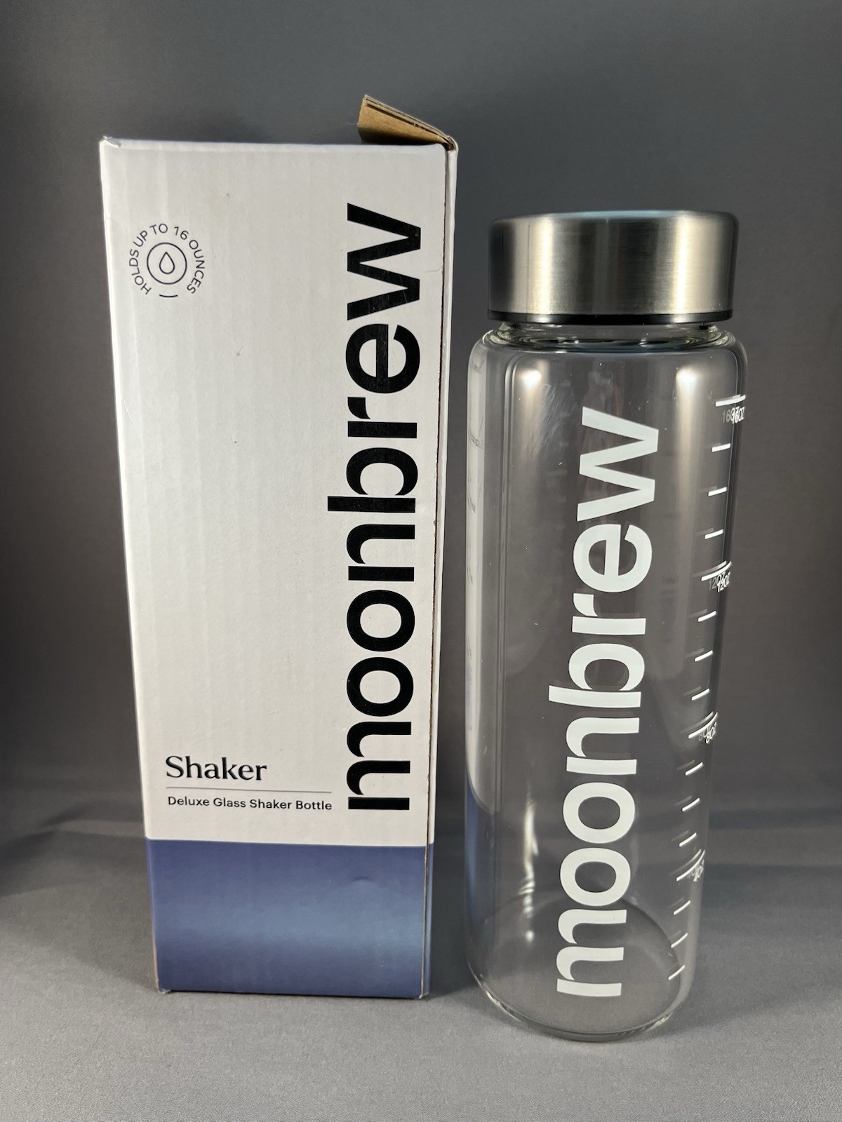 Moonbrew Deluxe Shaker Glass Bottle 16 oz Stainless Steel Lid, New SEE PHOTOS