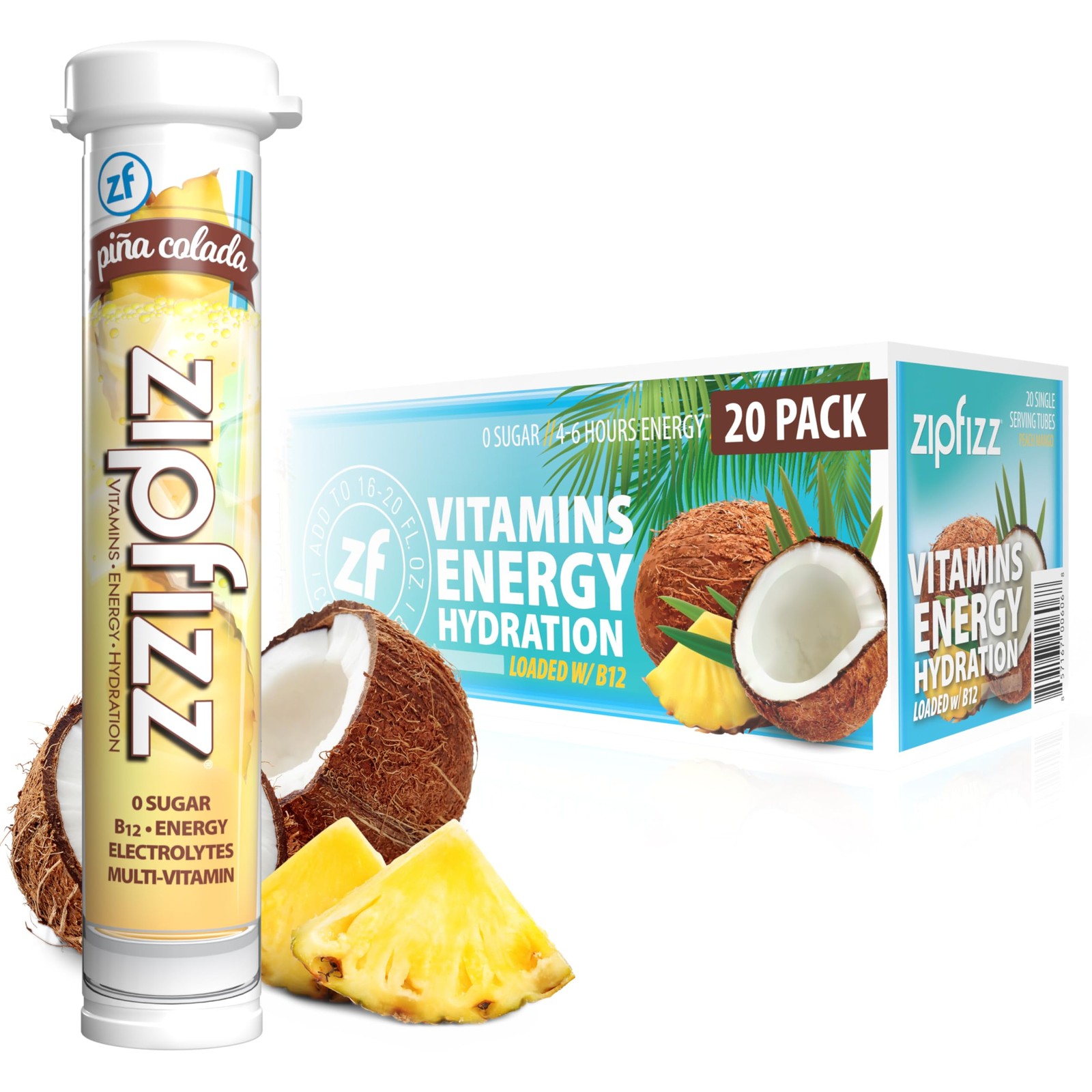 Zipfizz Daily Energy Drink Powder, Pina Colada, 20 Pack | 3in1 Sustained Ener…
