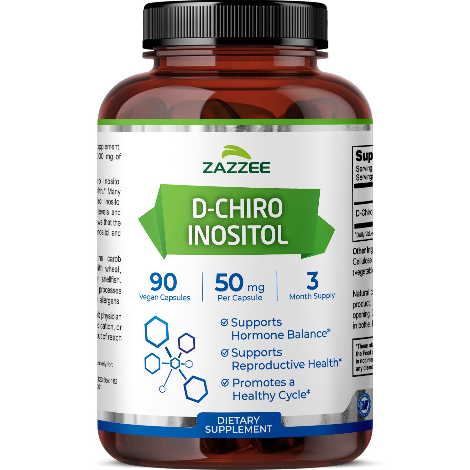 Zazzee D-Chiro-Inositol for PCOS 90 Vegan Capsules 50 mg DCI Fertility USA