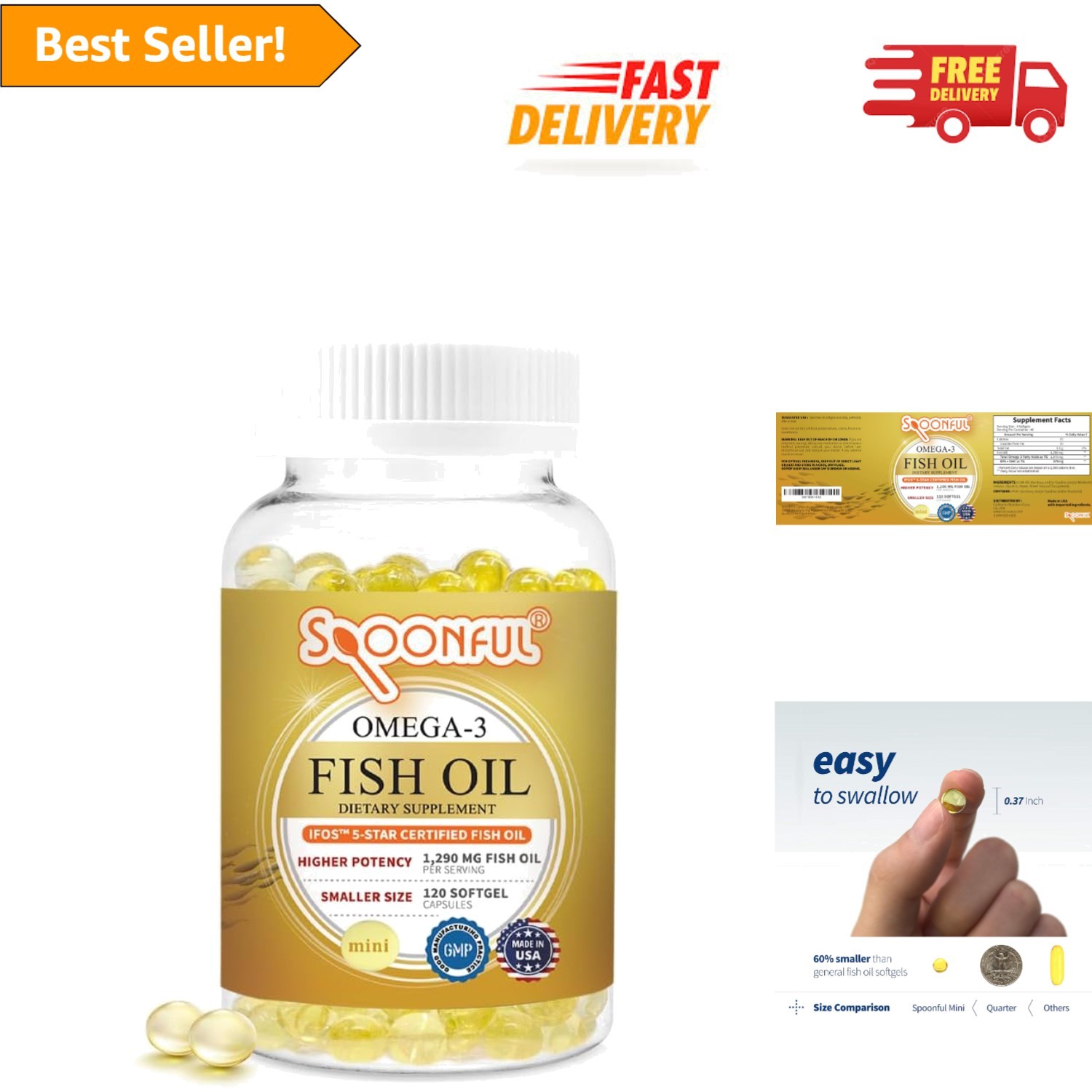 Omega 3 Fish Oil Pearls, Small Size, 120 Softgels for Easy Swallowing