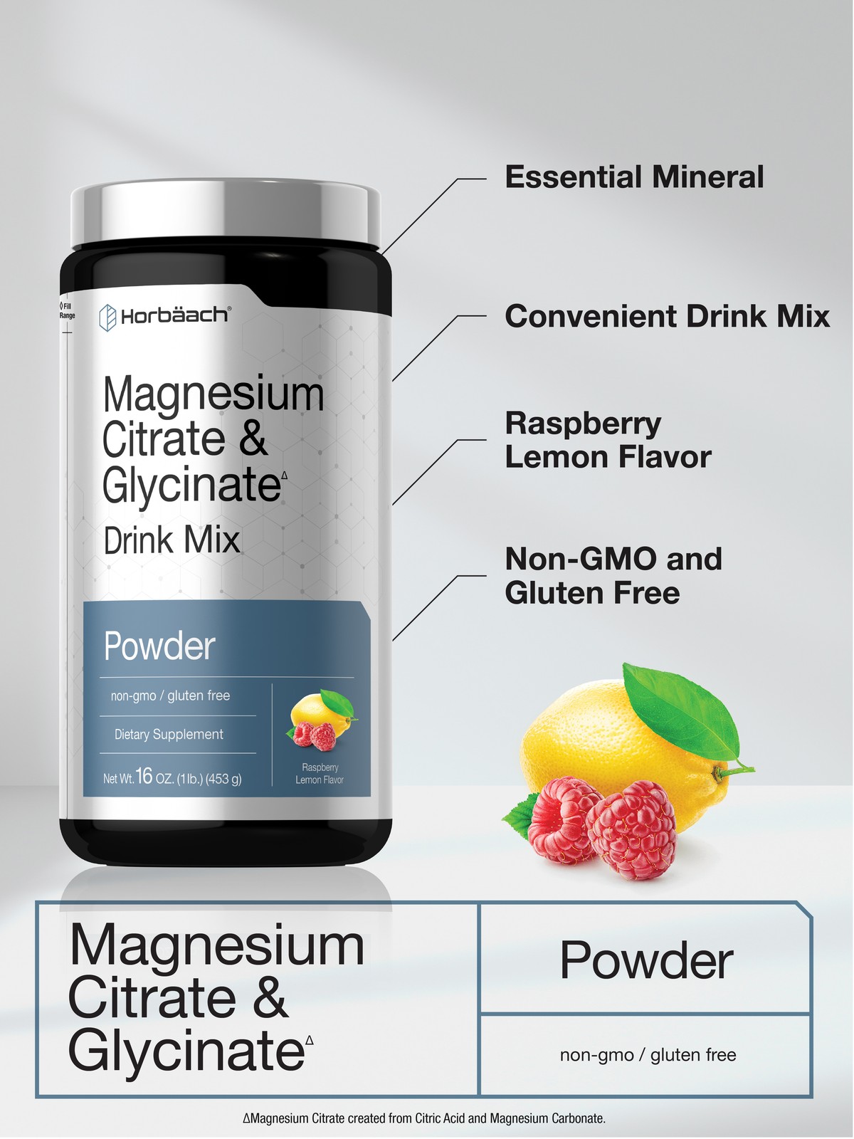 Magnesium Citrate & Glycinate | 16 oz | Raspberry Lemon Flavor | by Horbäach