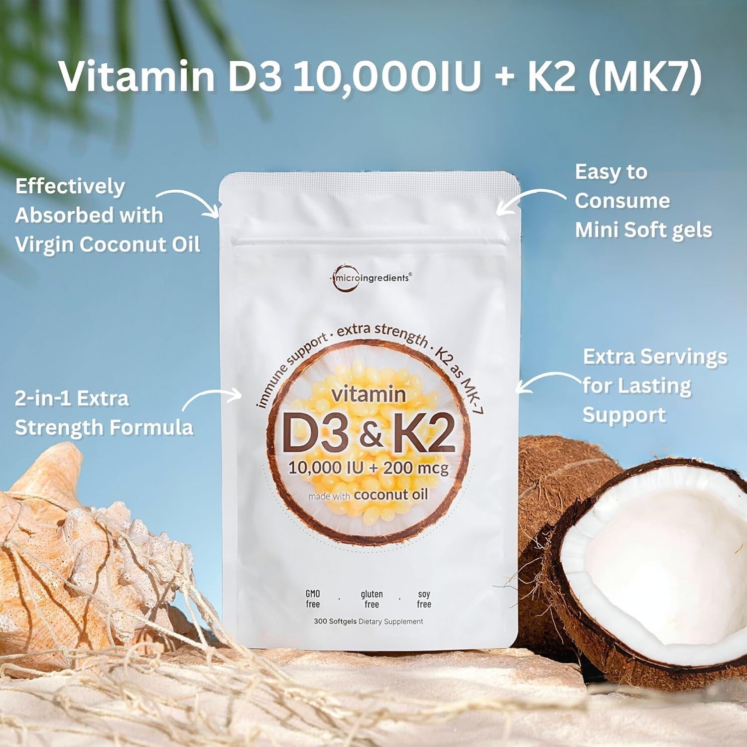 Micro Ingredients Vitamin D3 K2 With Coconut oil,300 Softgels Dietary Supplement