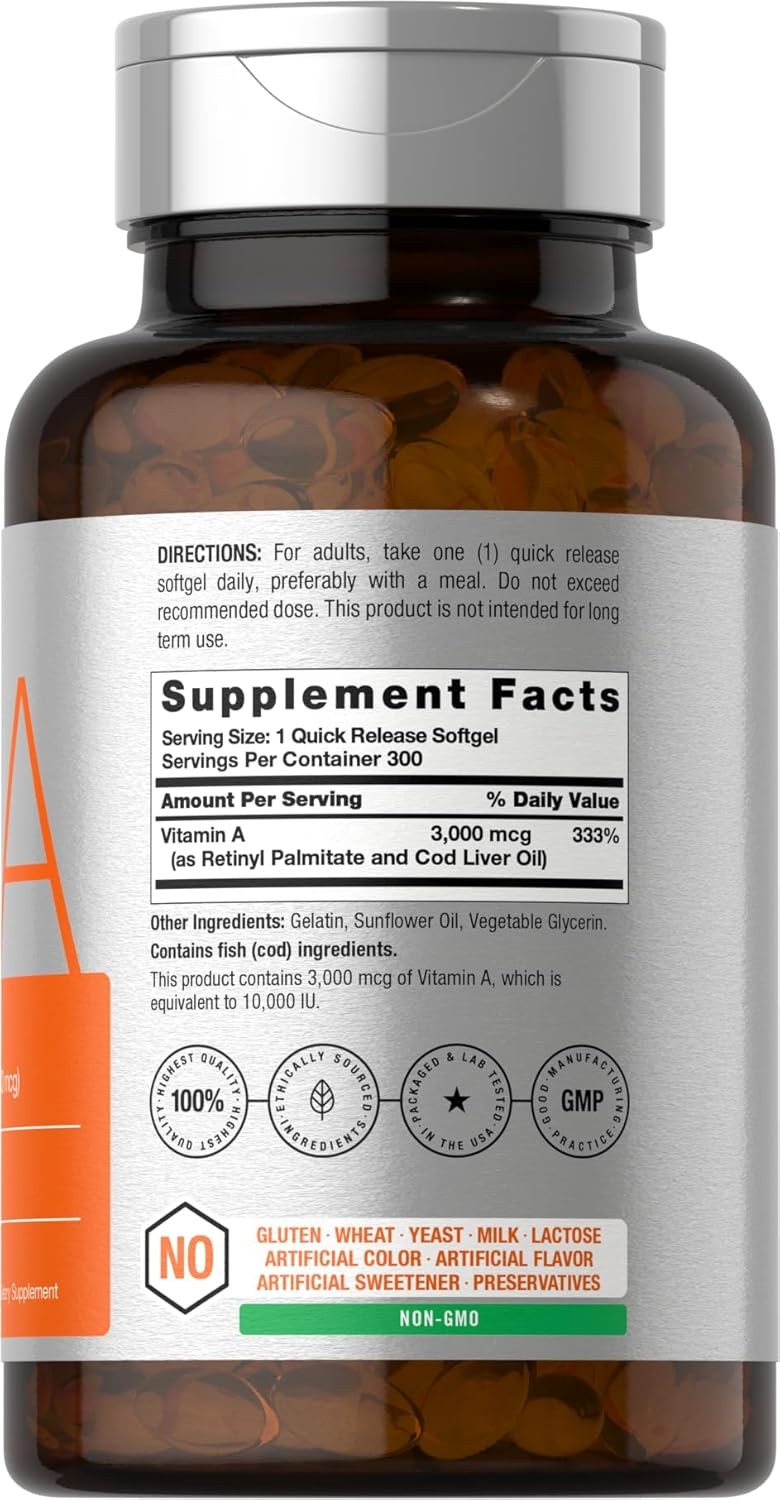Vitamin A 10000 IU | 300 Softgels | Premium Non-GMO, Gluten Free | by Horbaach