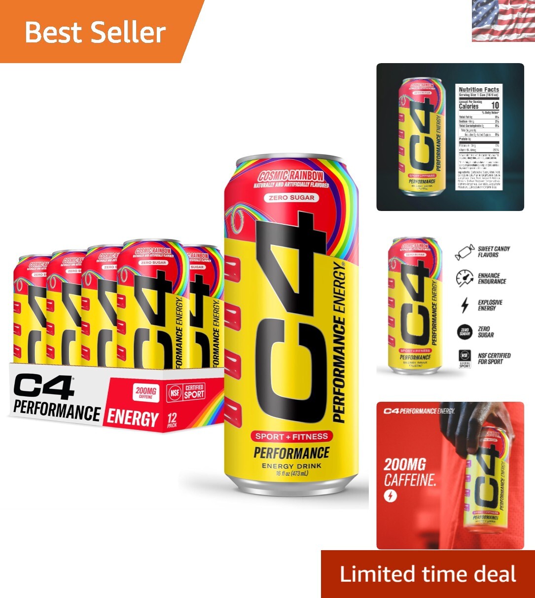 C4 Performance Energy Drink Cosmic Rainbow – Sugar-Free 200mg Caffeine 12-Pack