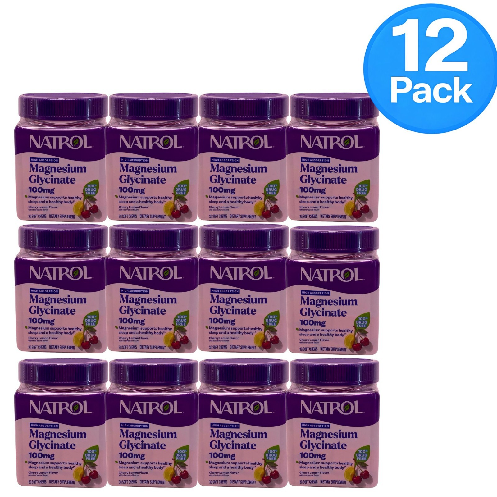 Natrol Magnesium Glycinate 100mg Cherry Lemon 30ct 12 Pack New Exp 09/2026