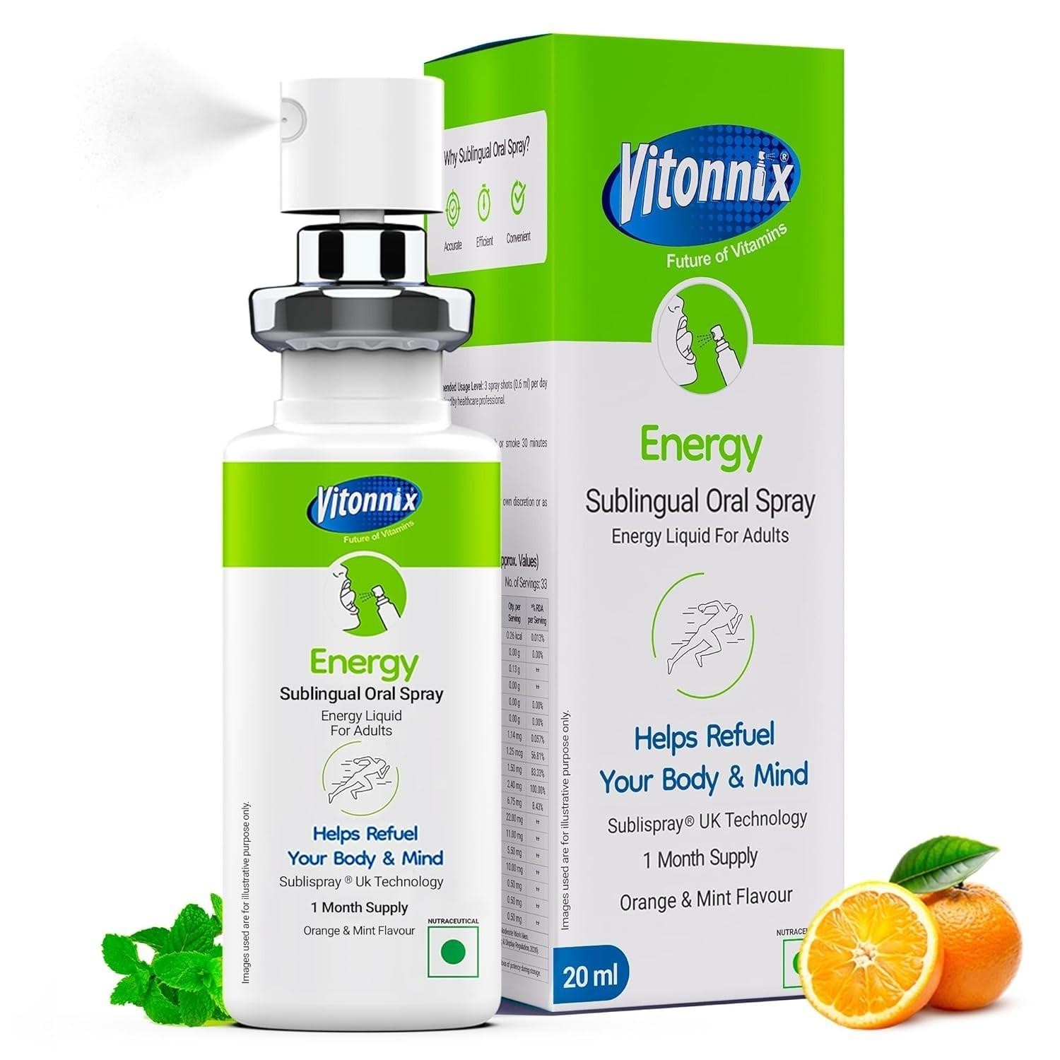 Energy Sublingual Oral Spray Under Tongue Supplement Instant Energy Focus 20ml