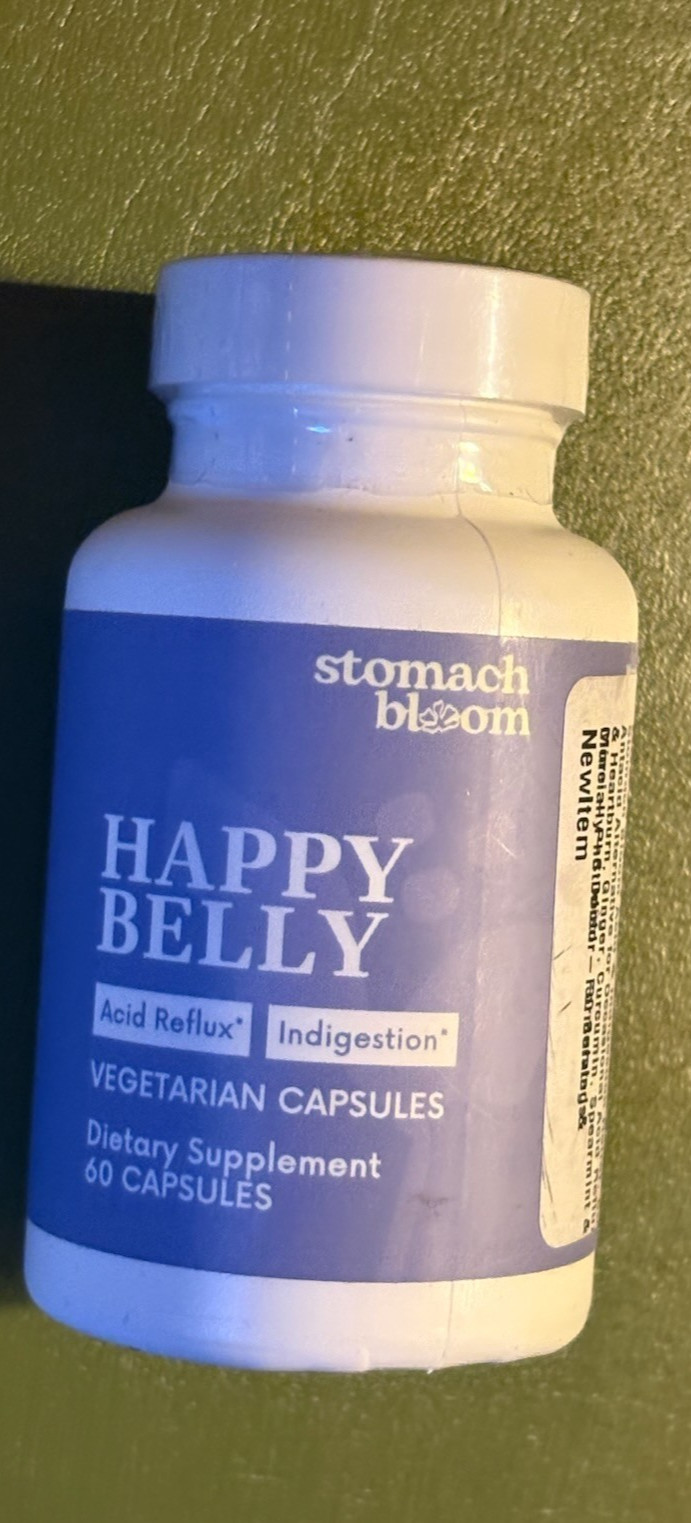 Stomach bloom Happy Belly Acid reflux Indigestion Vegetarian 120 caps Exp 6/27