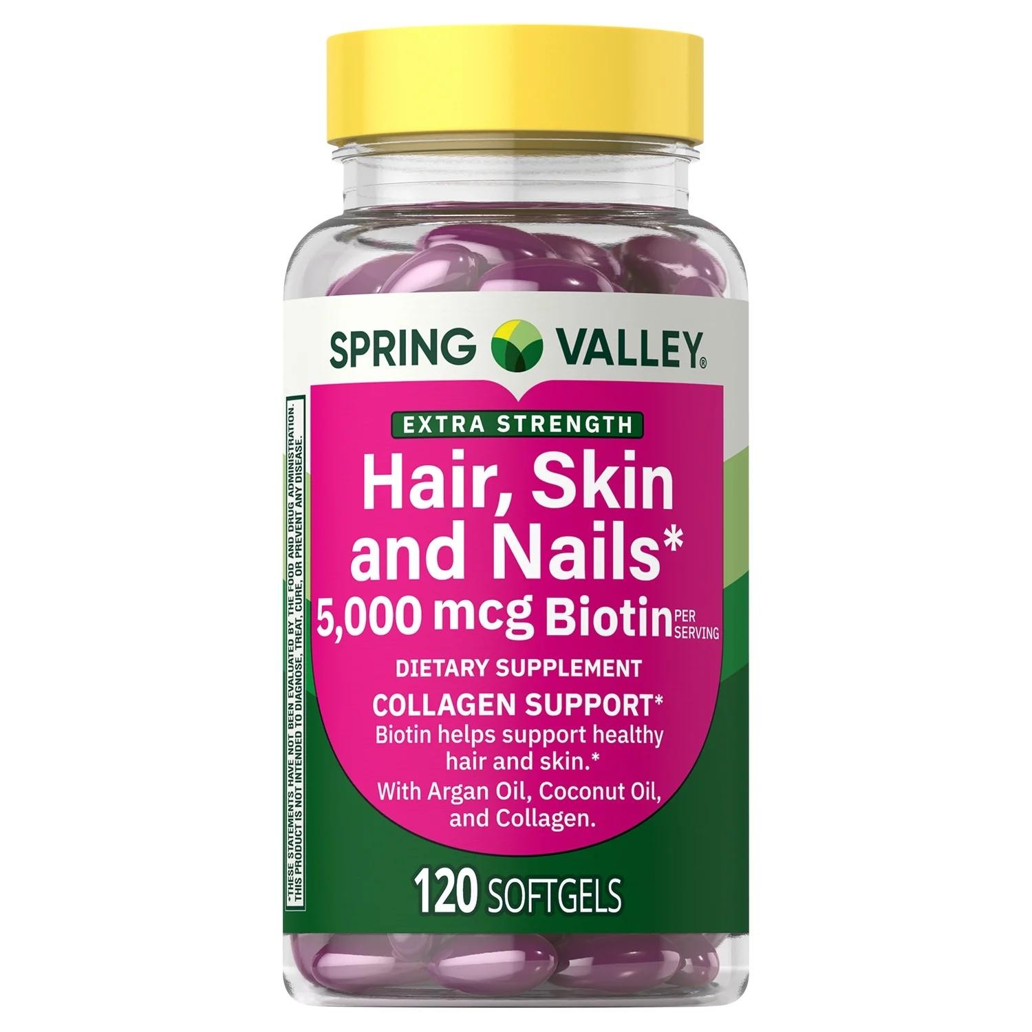 Spring Valley Hair Skin & Nails Collagen Biotin 5000 Mcg Argan Oil, 120 Softgels