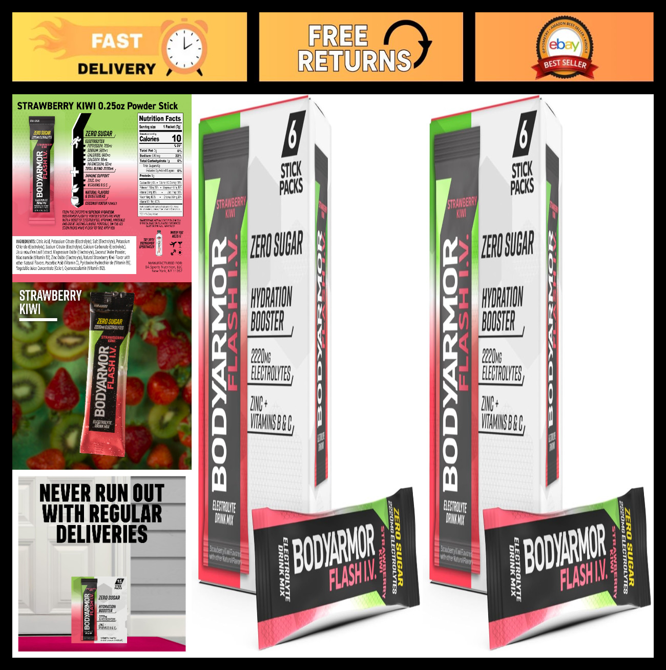 Electrolyte Drink Mix Packets – Strawberry Kiwi, Zero Sugar, Coconut Water Powde