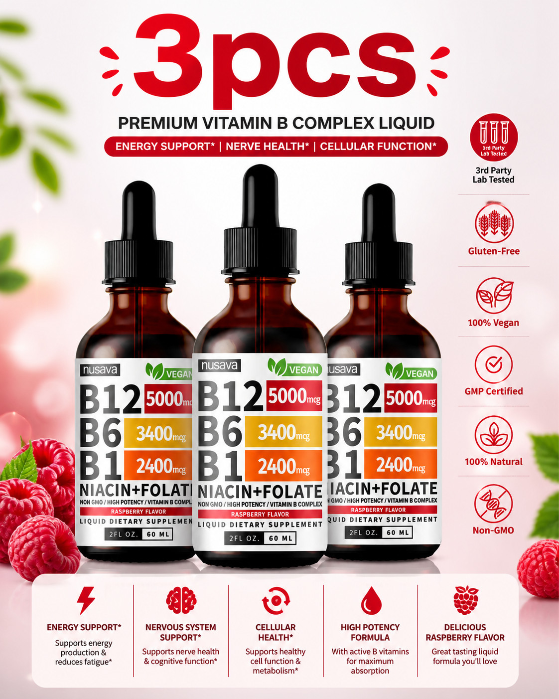 NUSAVA Vitamin B12 Drops – 3 Pack – 5000mcg – Raspberry – 80 Servings