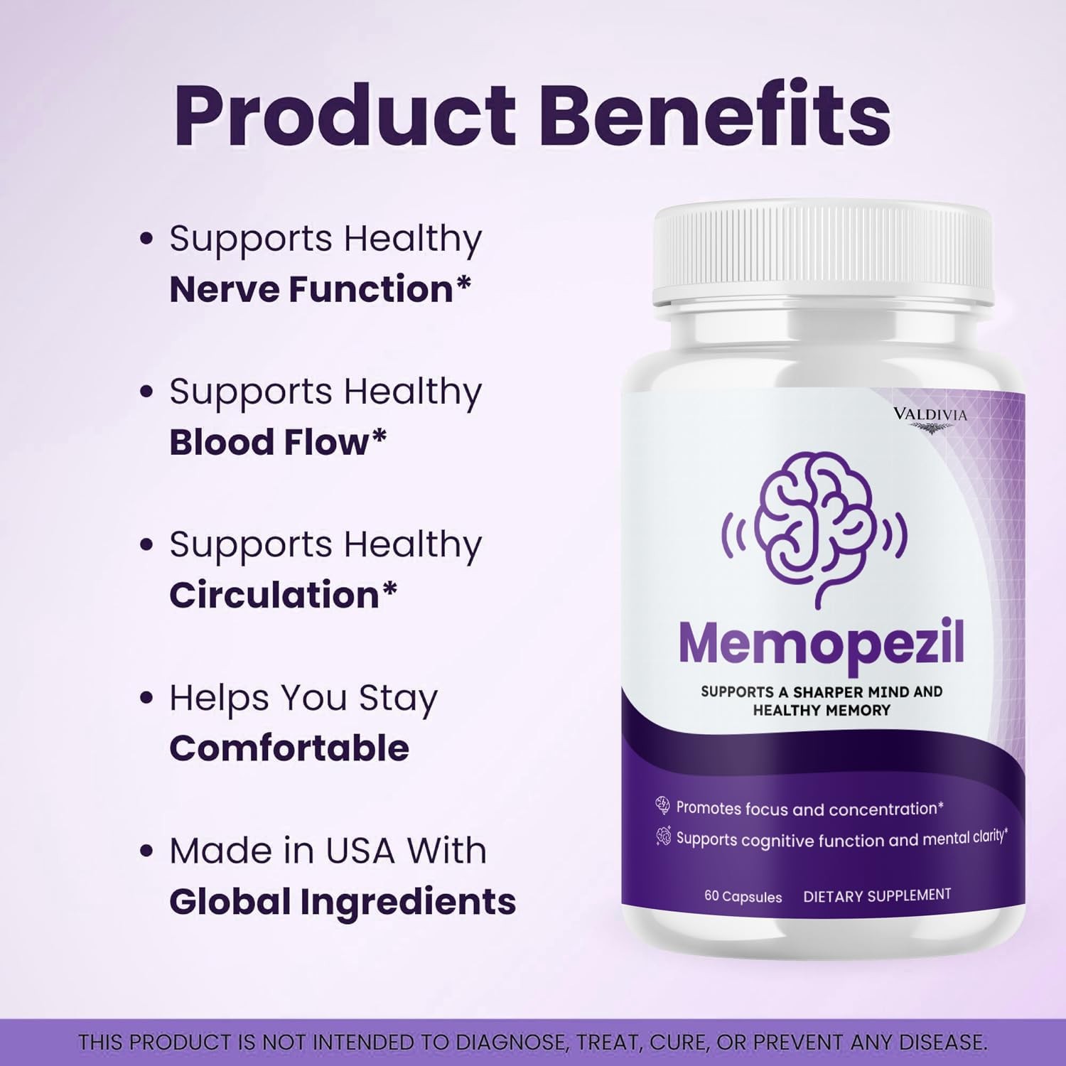Memopezil Brain Memory Support Supplement Capsules Nootropic 1 Pack 60Ct